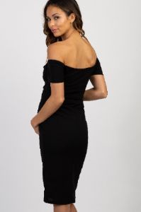 PinkBlush Black Solid Off Shoulder Maternity Fitted Dress sold by Pinkblush
