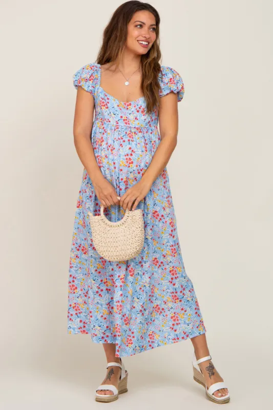 Light Blue Floral Back Cutout Maternity Midi Dress sold by Pinkblush
