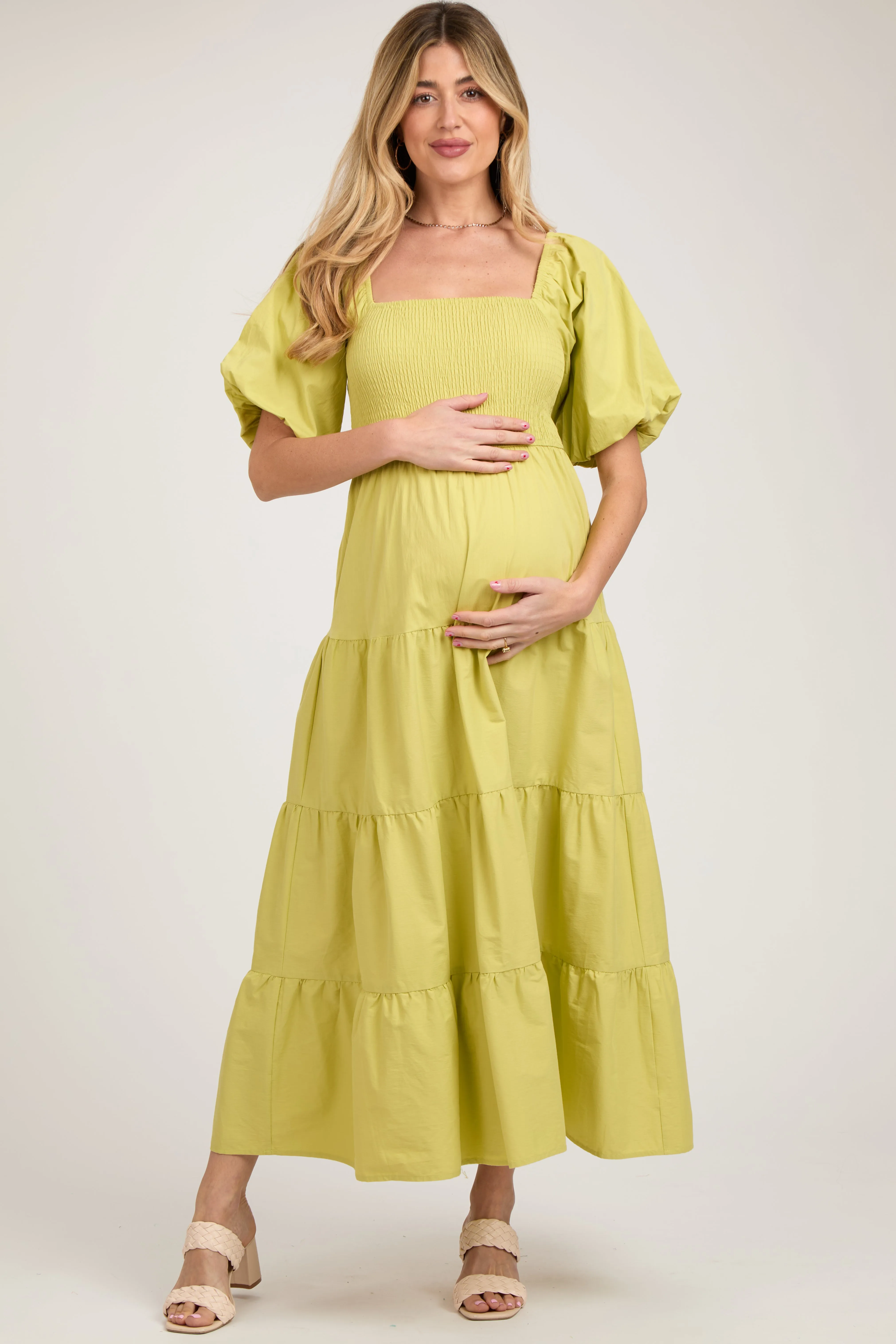 Light Olive Smocked Square Neck Puff Sleeve Tiered Maternity Maxi Dress sold by Pinkblush product image thumbnail 2