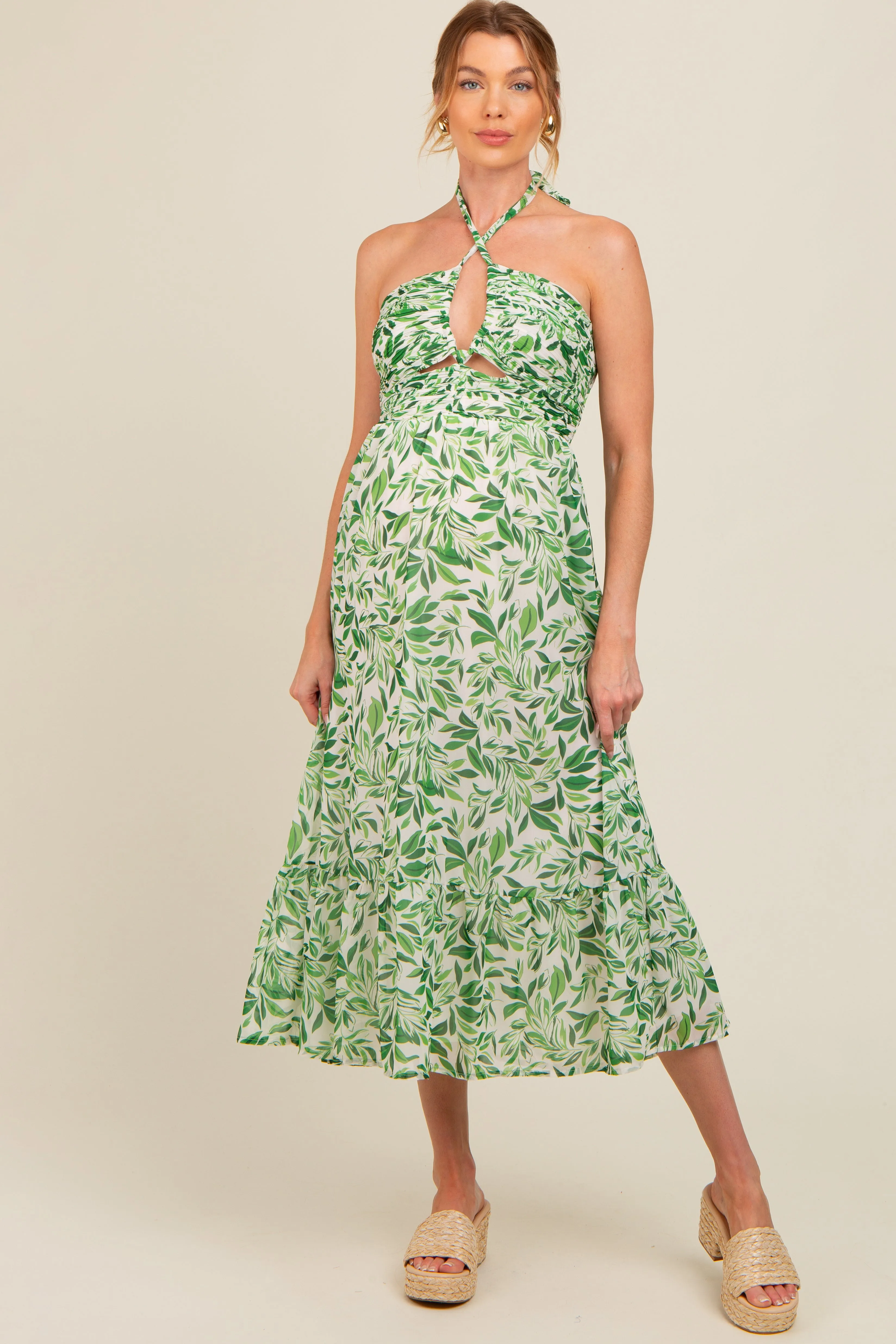 Green Leaf Print Halter Keyhole Maternity Midi Dress sold by Pinkblush