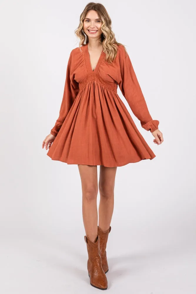Rust Linen Deep V-Neck Long Sleeve Dress sold by Pinkblush product image thumbnail 4