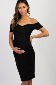 PinkBlush Black Solid Off Shoulder Maternity Fitted Dress sold by Pinkblush