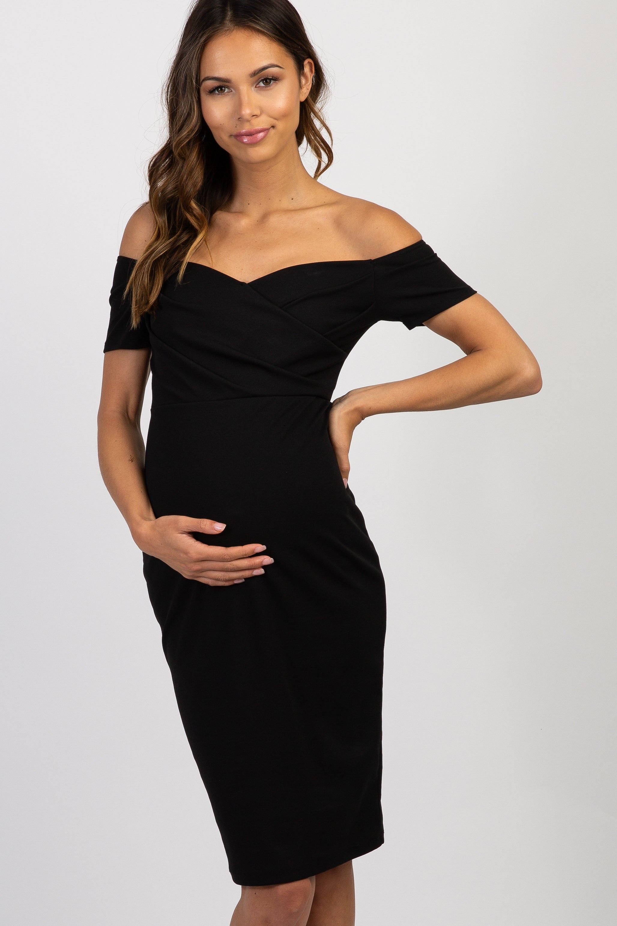 PinkBlush Black Solid Off Shoulder Maternity Fitted Dress sold by Pinkblush product image thumbnail 2