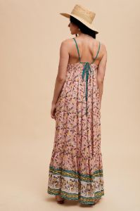 Pink Floral Border Print Lace Up Back Maxi Dress sold by Pinkblush