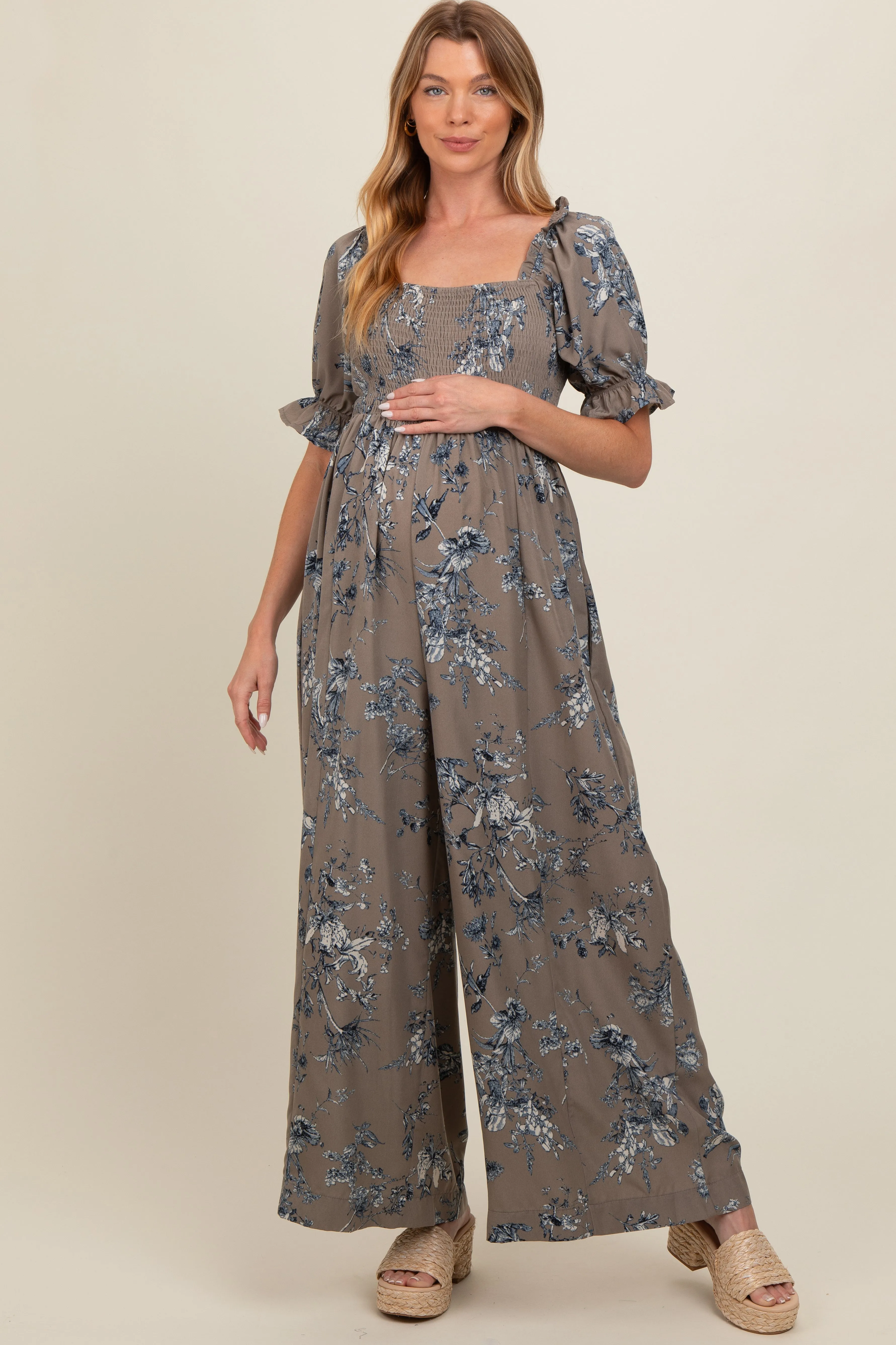 Taupe Floral Smocked Square Neck Wide Leg Maternity Jumpsuit sold by Pinkblush product image thumbnail 2