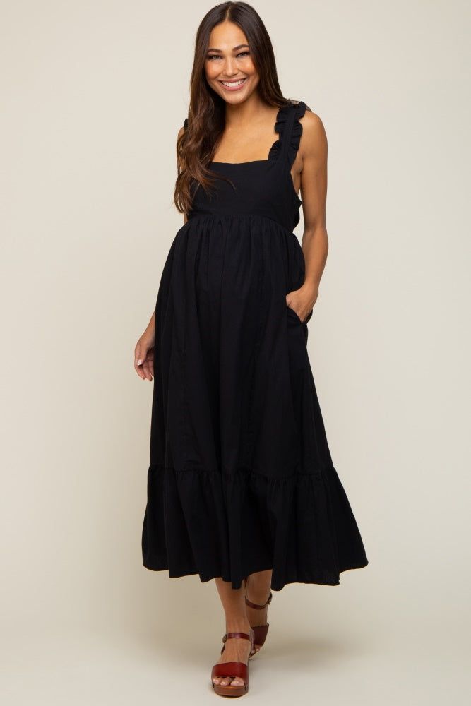 Black Ruffle Accent Back Tie Maternity Midi Dress sold by Pinkblush product image thumbnail 4
