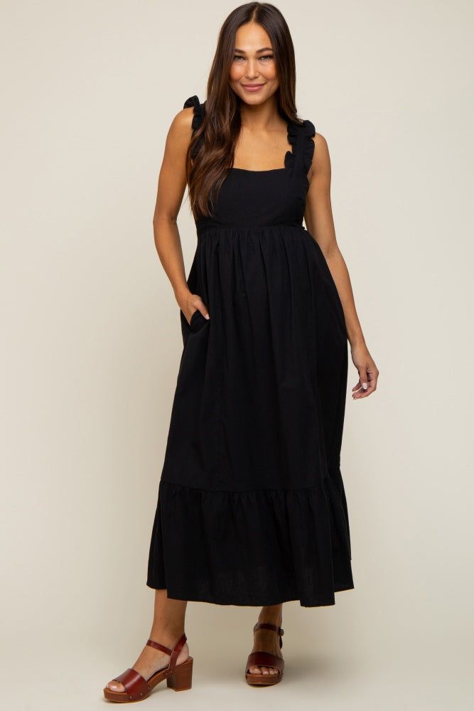Black Ruffle Accent Back Tie Maternity Midi Dress sold by Pinkblush