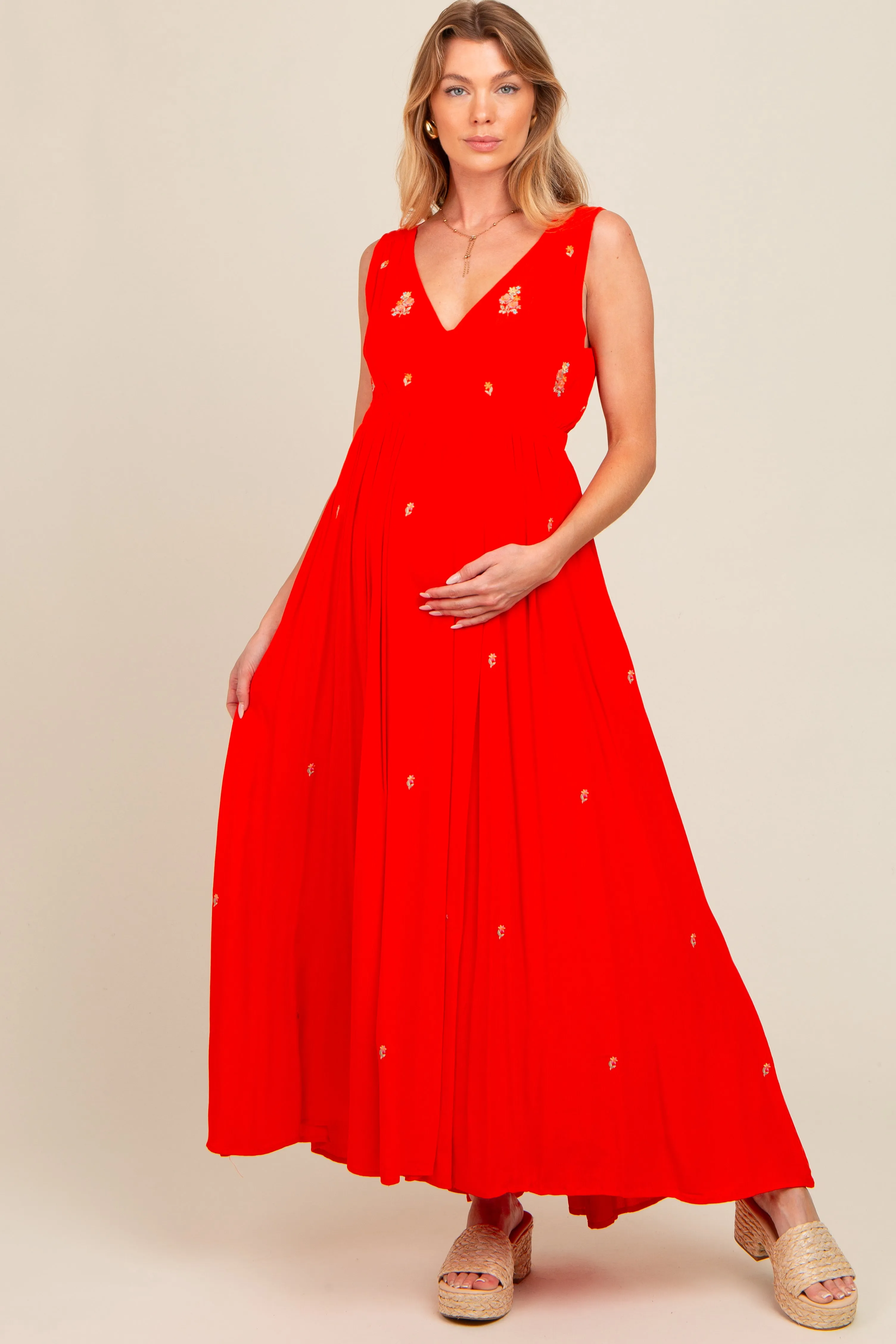 Coral Floral Embroidered Sleeveless Maternity Maxi Dress sold by Pinkblush product image thumbnail 3