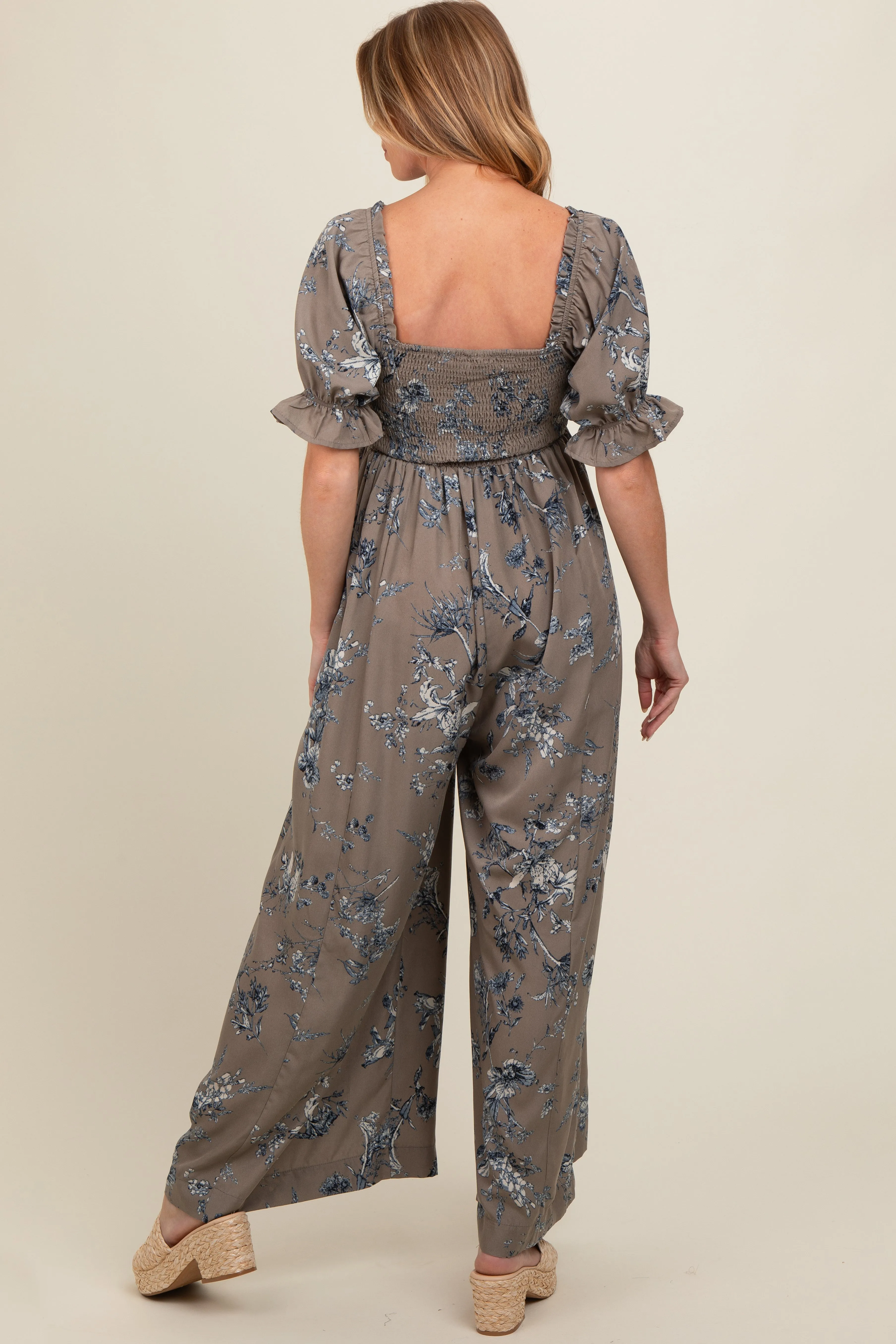 Taupe Floral Smocked Square Neck Wide Leg Maternity Jumpsuit sold by Pinkblush product image thumbnail 3
