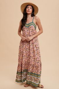 Pink Floral Border Print Lace Up Back Maxi Dress sold by Pinkblush