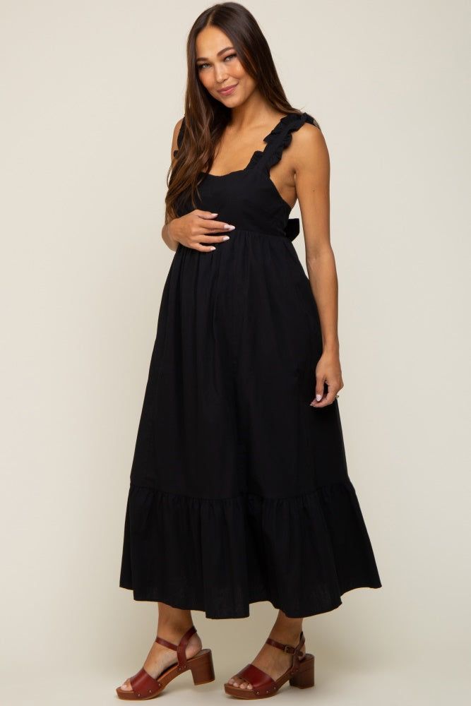 Black Ruffle Accent Back Tie Maternity Midi Dress sold by Pinkblush product image thumbnail 2