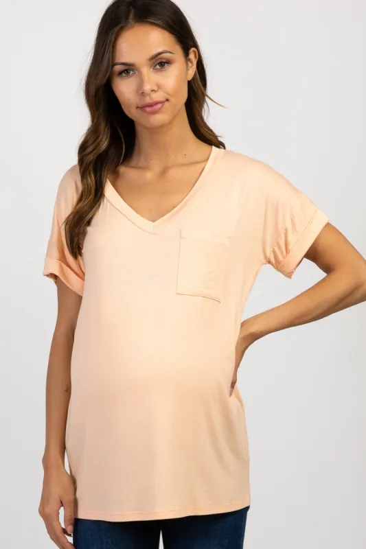 Peach Basic V Neck Maternity Tee sold by Pinkblush