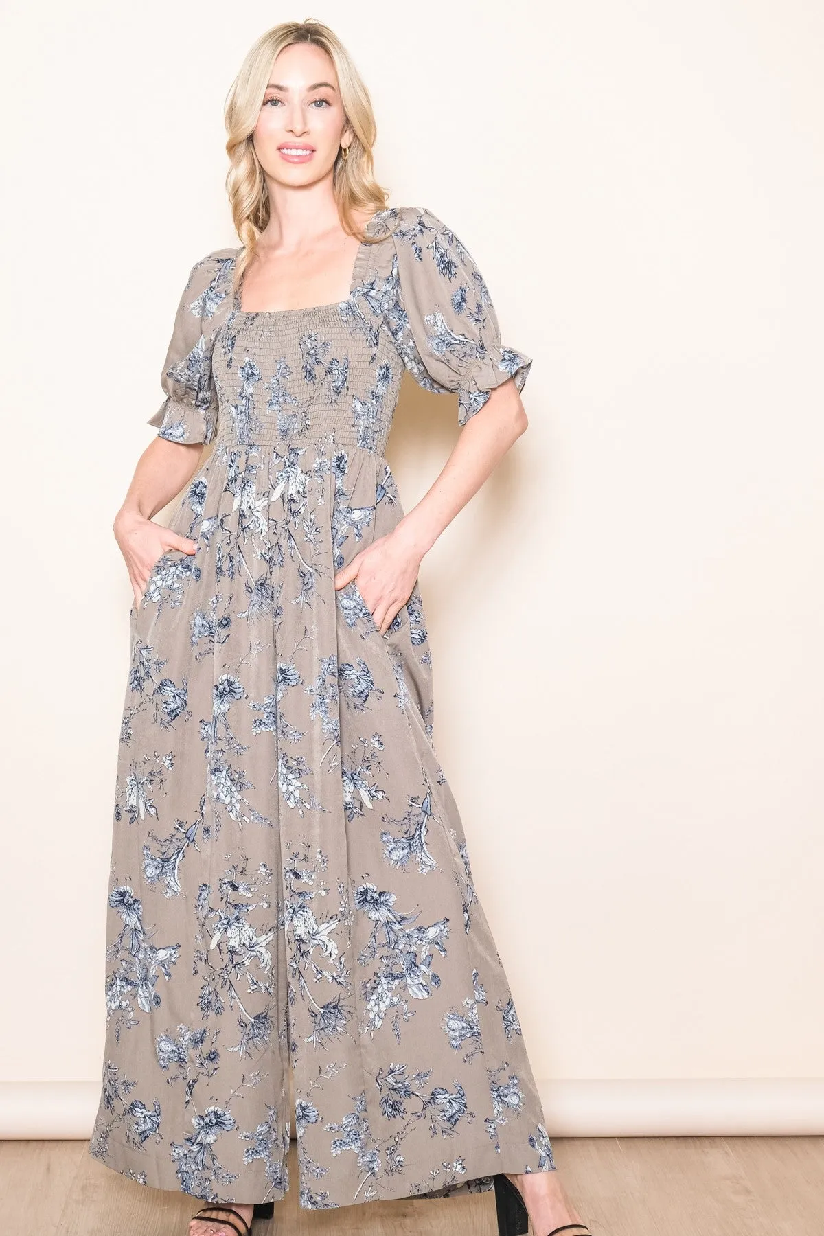 Taupe Floral Smocked Square Neck Wide Leg Maternity Jumpsuit sold by Pinkblush product image thumbnail 4