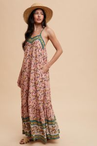 Pink Floral Border Print Lace Up Back Maxi Dress sold by Pinkblush