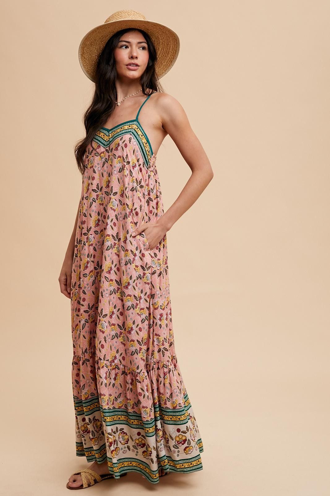 Pink Floral Border Print Lace Up Back Maxi Dress sold by Pinkblush product image thumbnail 2