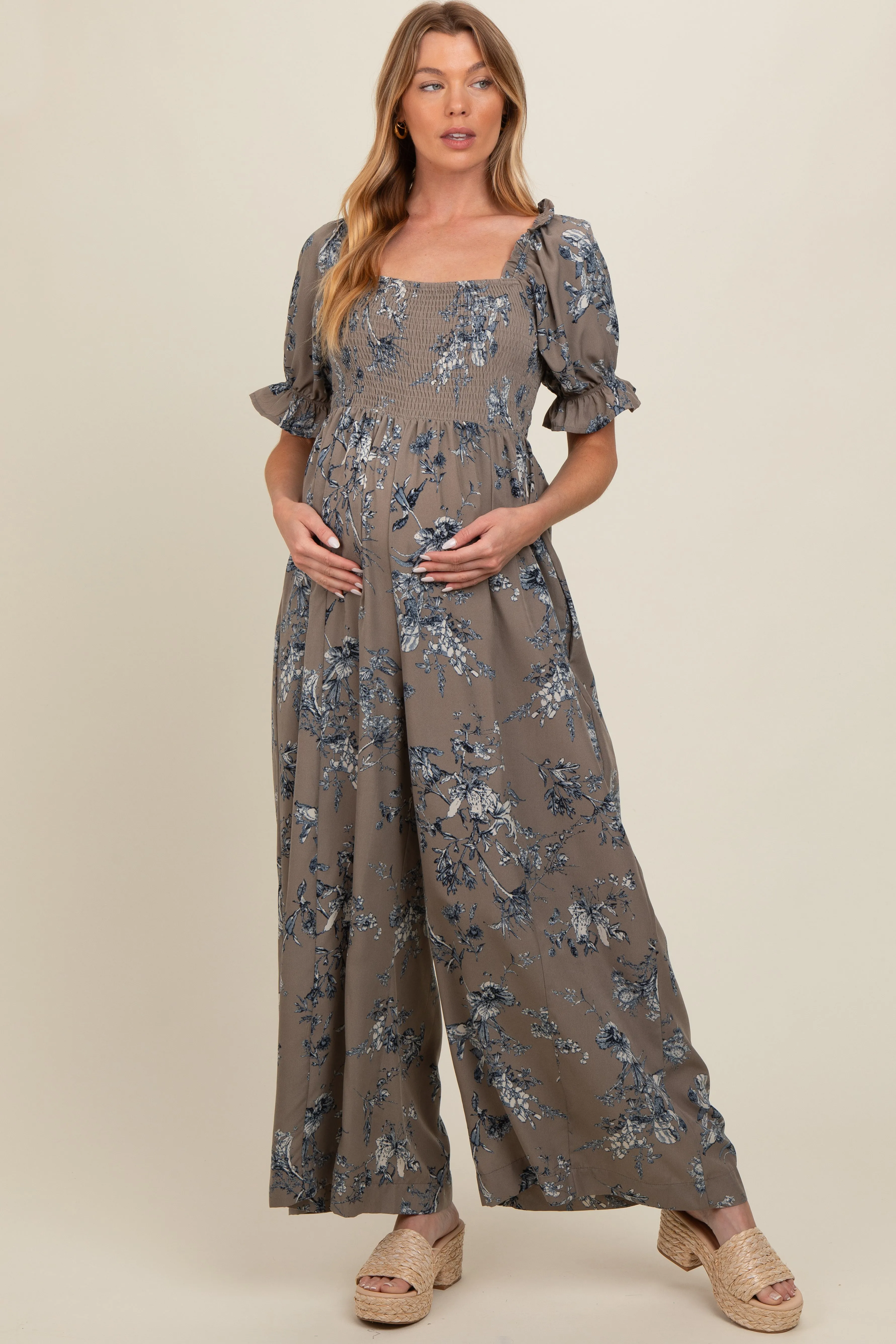 Taupe Floral Smocked Square Neck Wide Leg Maternity Jumpsuit sold by Pinkblush