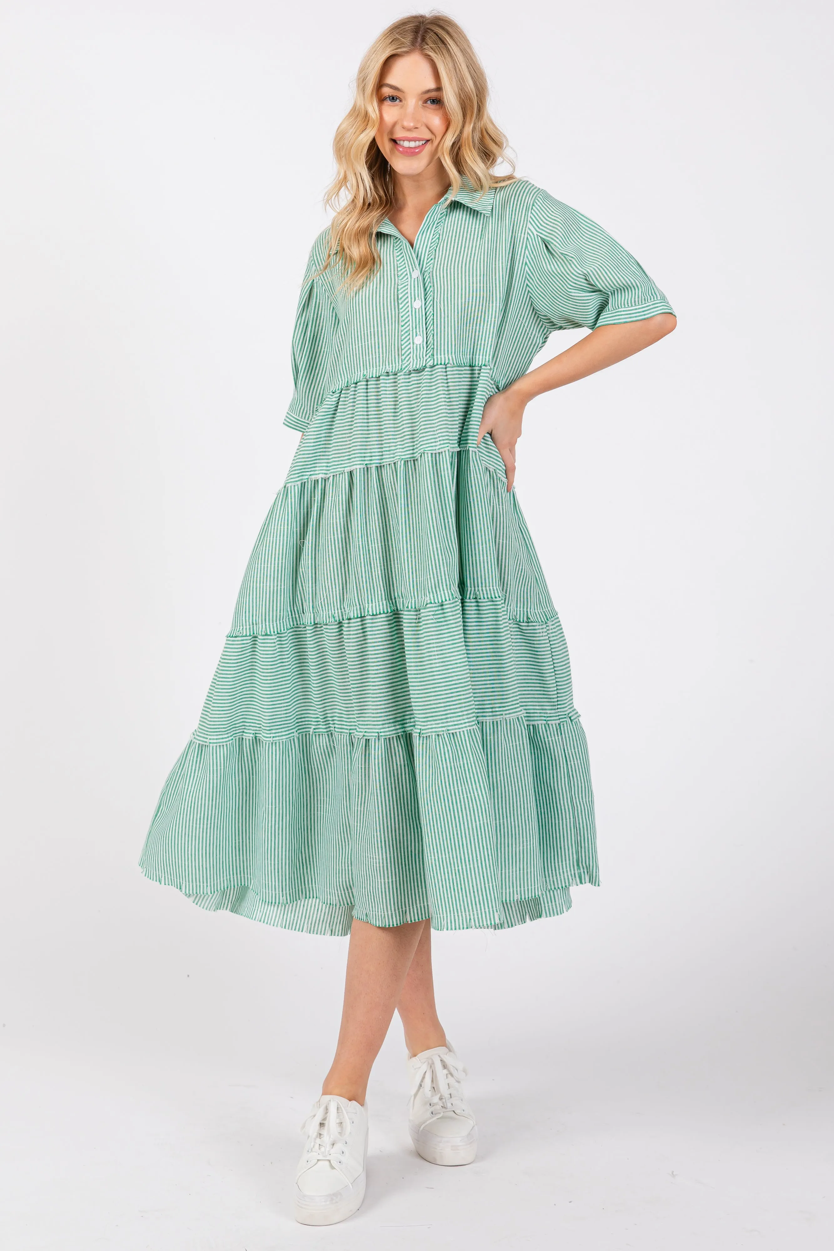 Jade Striped Tiered Raw Hem Midi Dress sold by Pinkblush