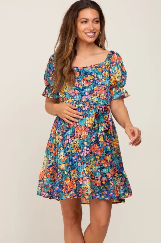 Navy Floral Chiffon Ruffle Accent Maternity Dress sold by Pinkblush