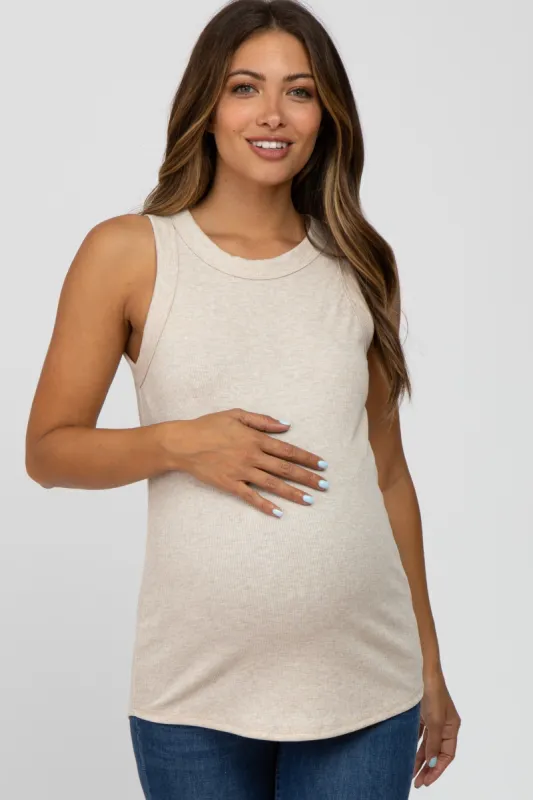 Beige Ribbed Sleeveless Maternity Top sold by Pinkblush