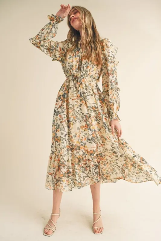Ivory Floral Ruffle Trim Midi Dress sold by Pinkblush
