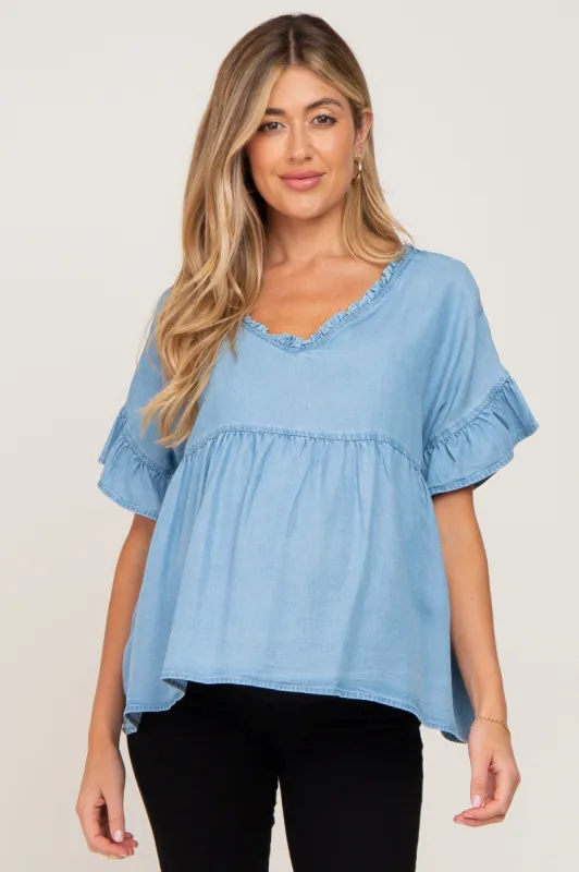 Blue Chambray Ruffle Peplum Maternity Blouse sold by Pinkblush