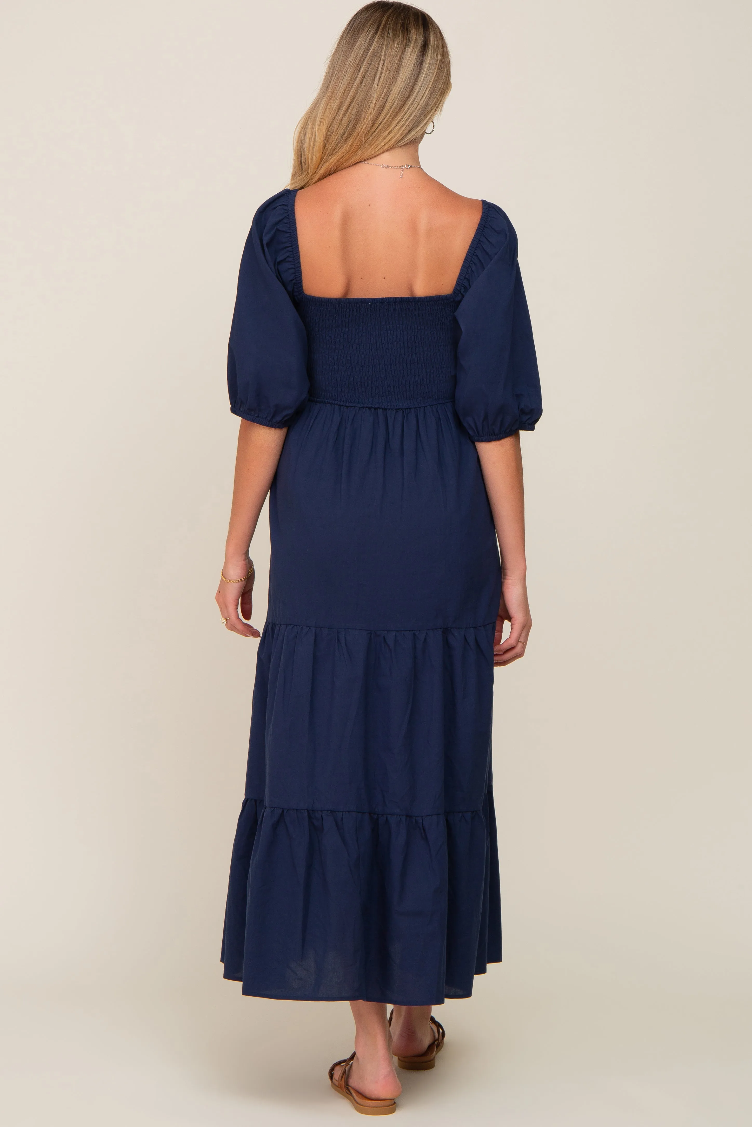 Navy Blue Square Neck Smocked Tiered Maternity Maxi Dress sold by Pinkblush product image thumbnail 3