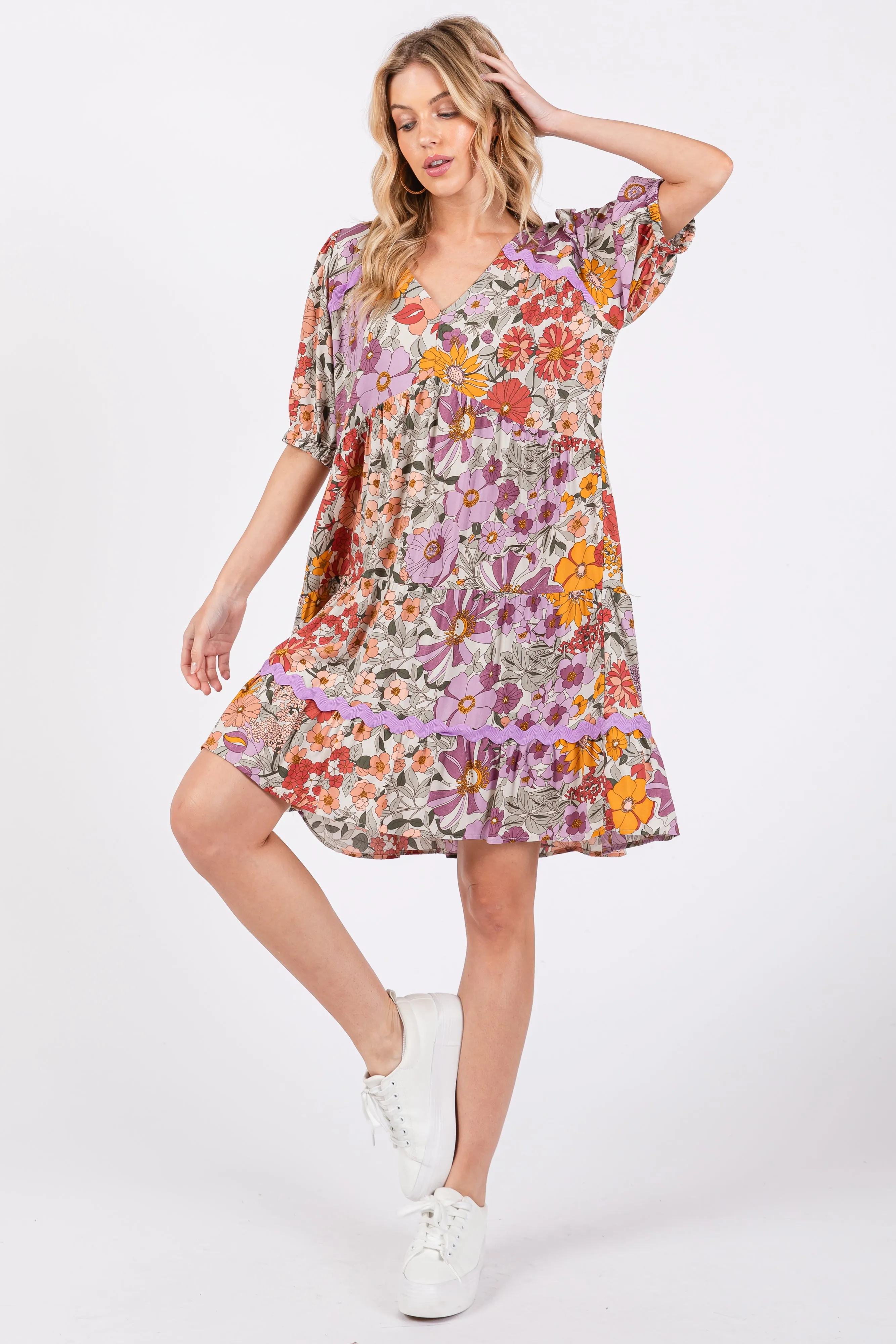 Lavender Floral V Neck Half Sleeve Dress sold by Pinkblush product image thumbnail 4