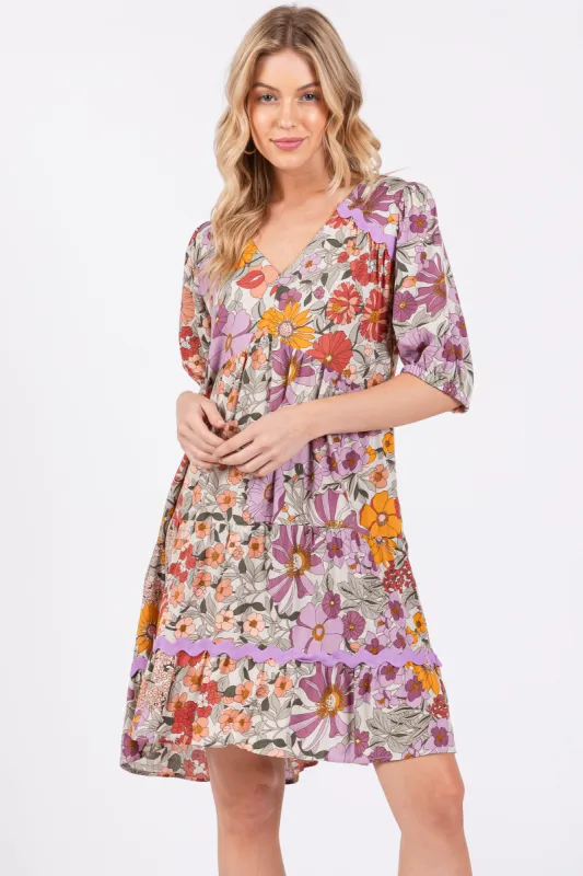 Lavender Floral V Neck Half Sleeve Dress sold by Pinkblush