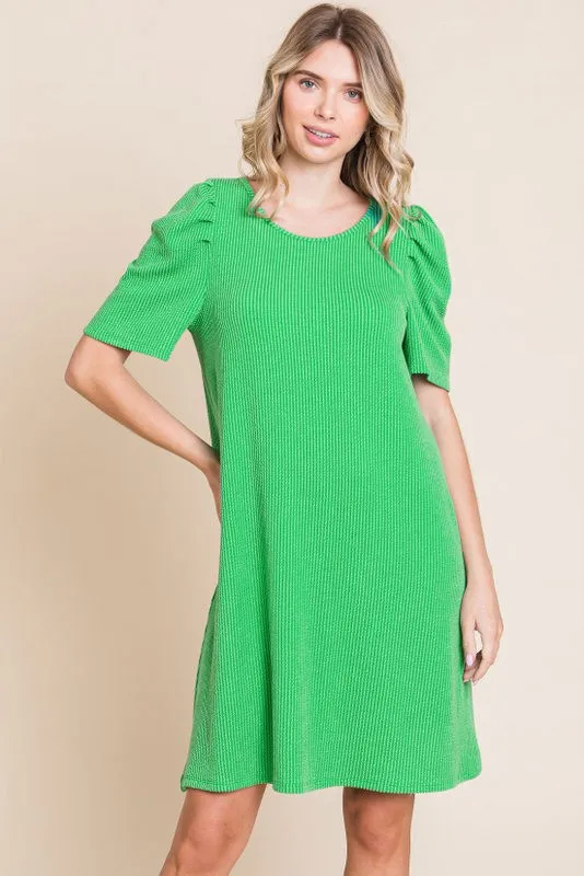Green Washed Ribbed Puff Sleeve Dress sold by Pinkblush