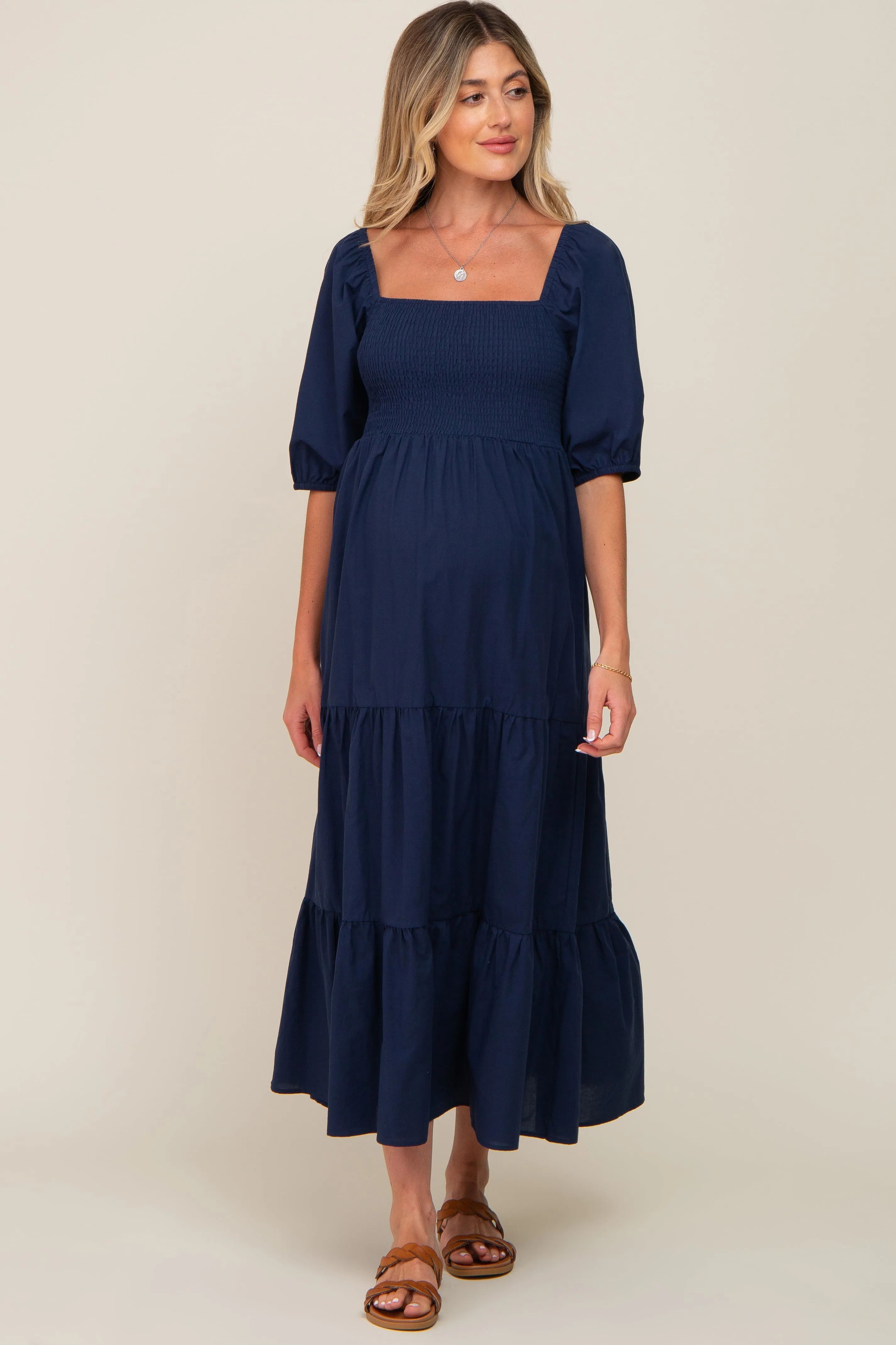 Navy Blue Square Neck Smocked Tiered Maternity Maxi Dress sold by Pinkblush product image thumbnail 4