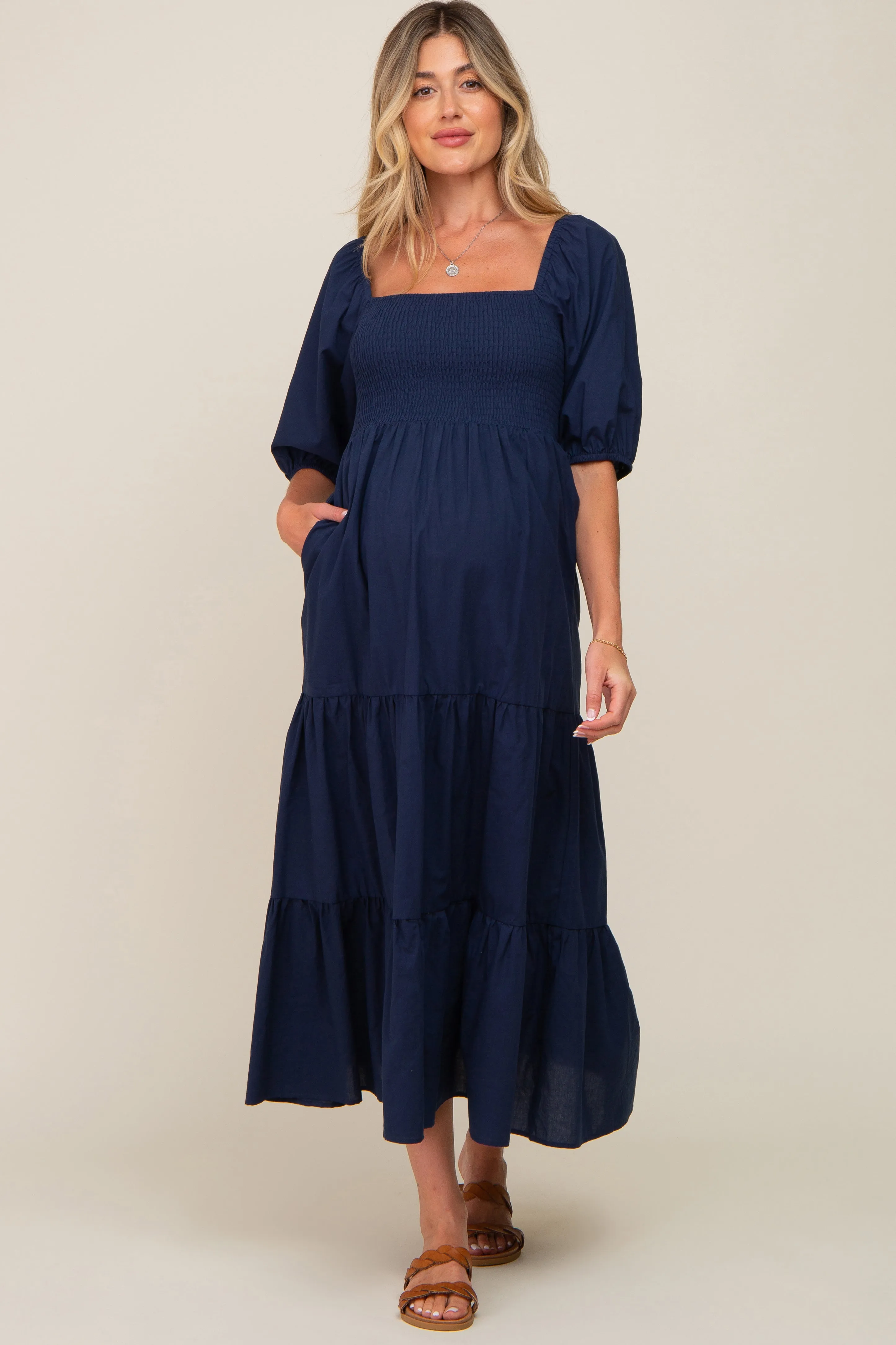 Navy Blue Square Neck Smocked Tiered Maternity Maxi Dress sold by Pinkblush