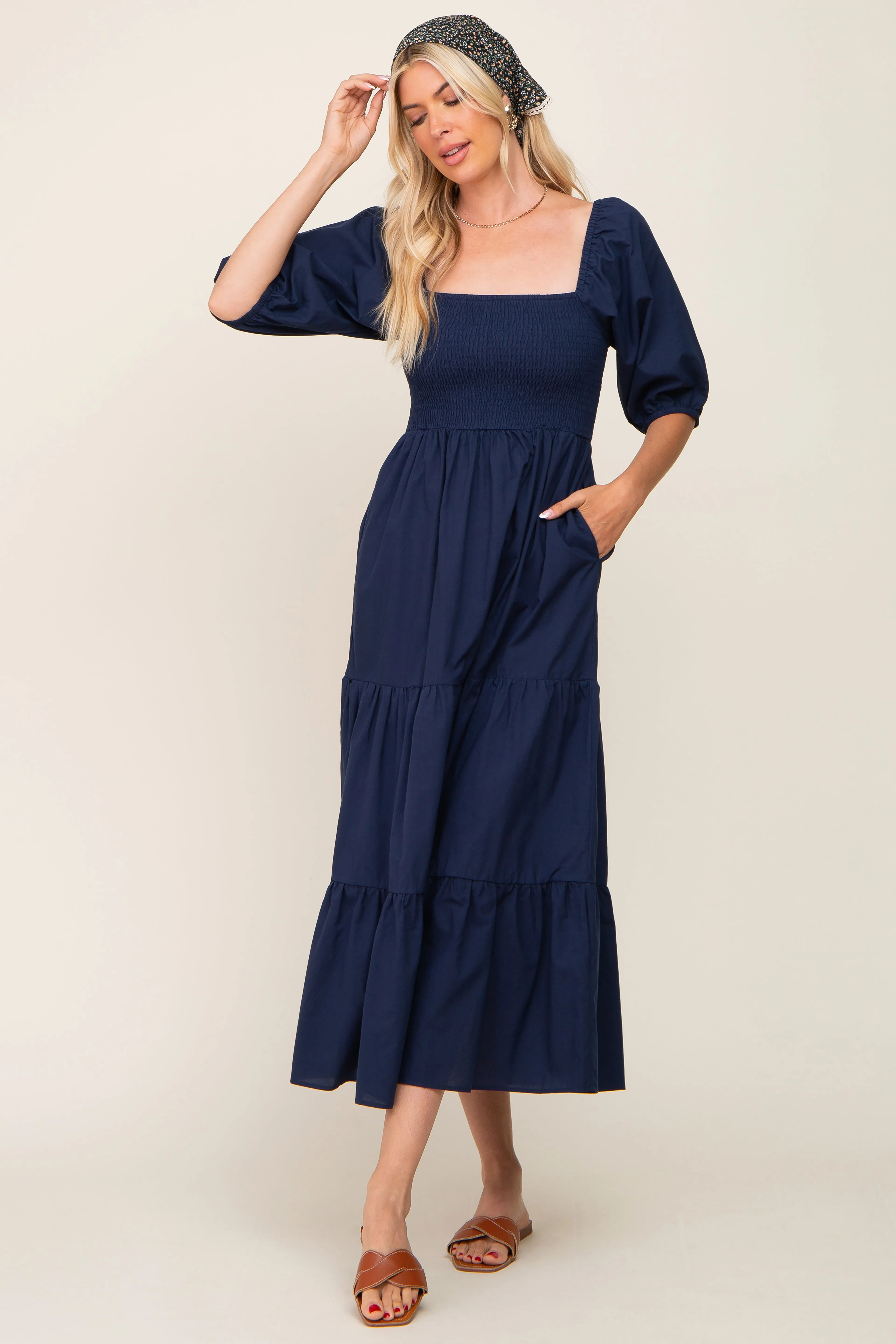 Navy Blue Square Neck Smocked Tiered Maternity Maxi Dress sold by Pinkblush product image thumbnail 5