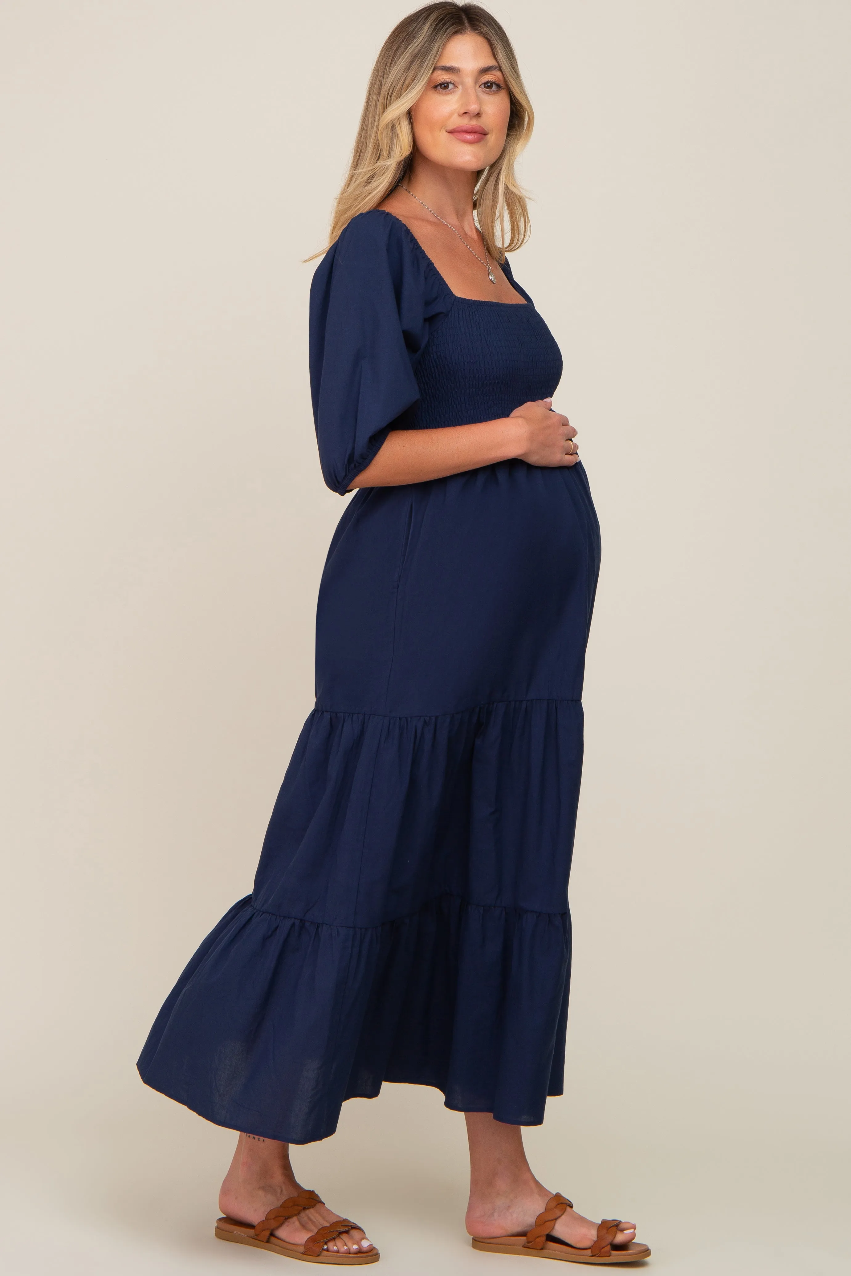 Navy Blue Square Neck Smocked Tiered Maternity Maxi Dress sold by Pinkblush product image thumbnail 2