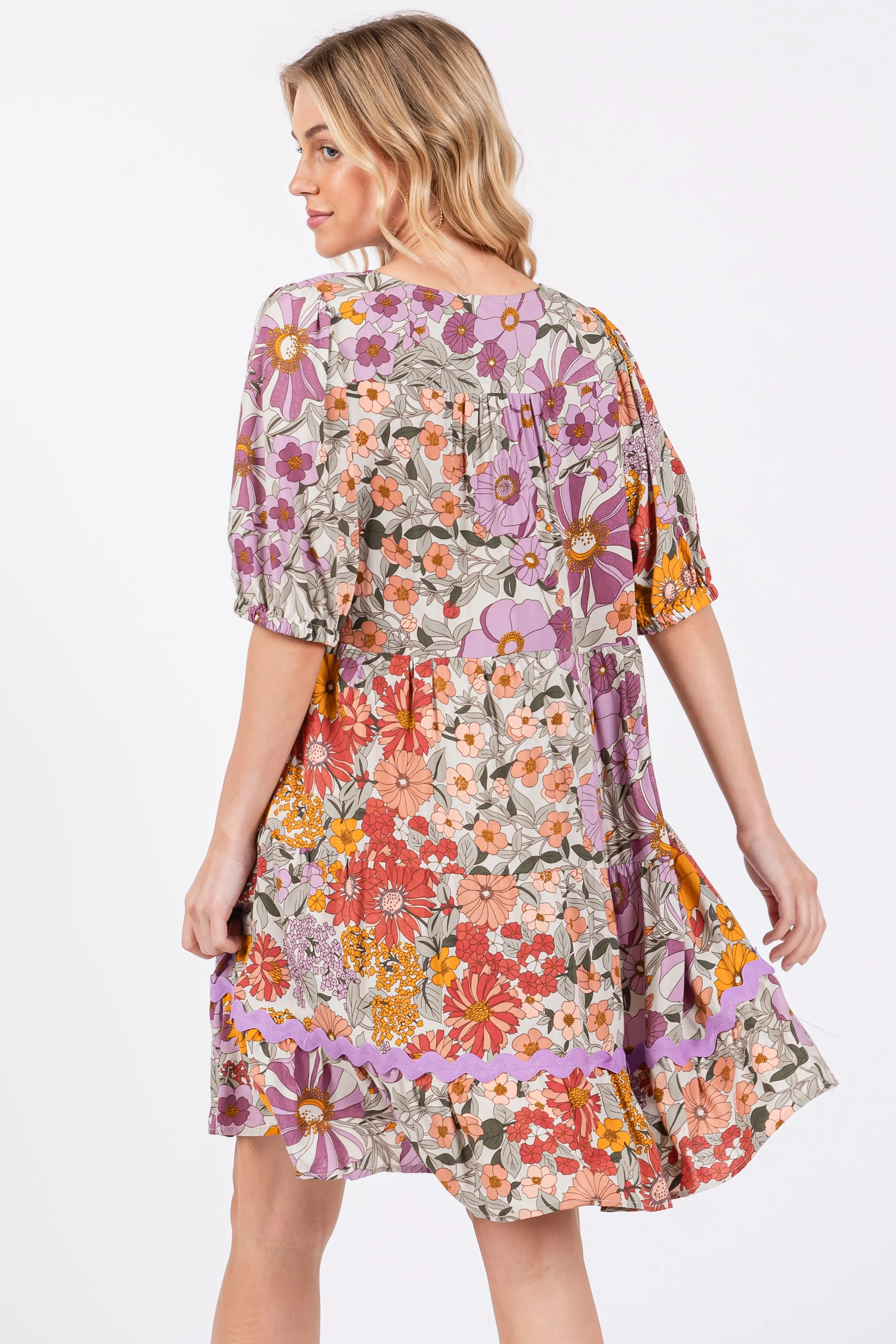 Lavender Floral V Neck Half Sleeve Dress sold by Pinkblush product image thumbnail 3