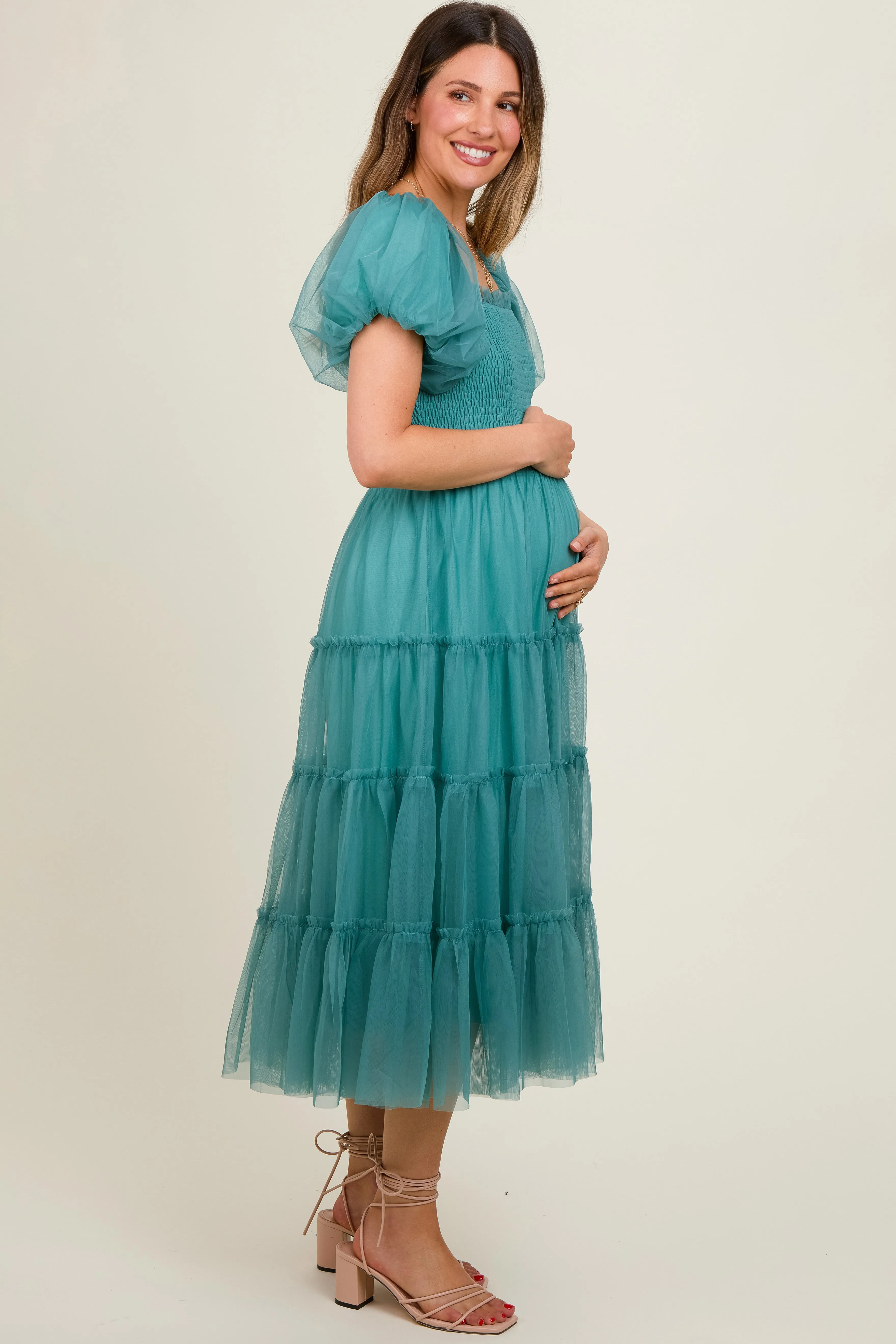 Teal Smocked Tiered Tulle Maternity Midi Dress sold by Pinkblush product image thumbnail 4