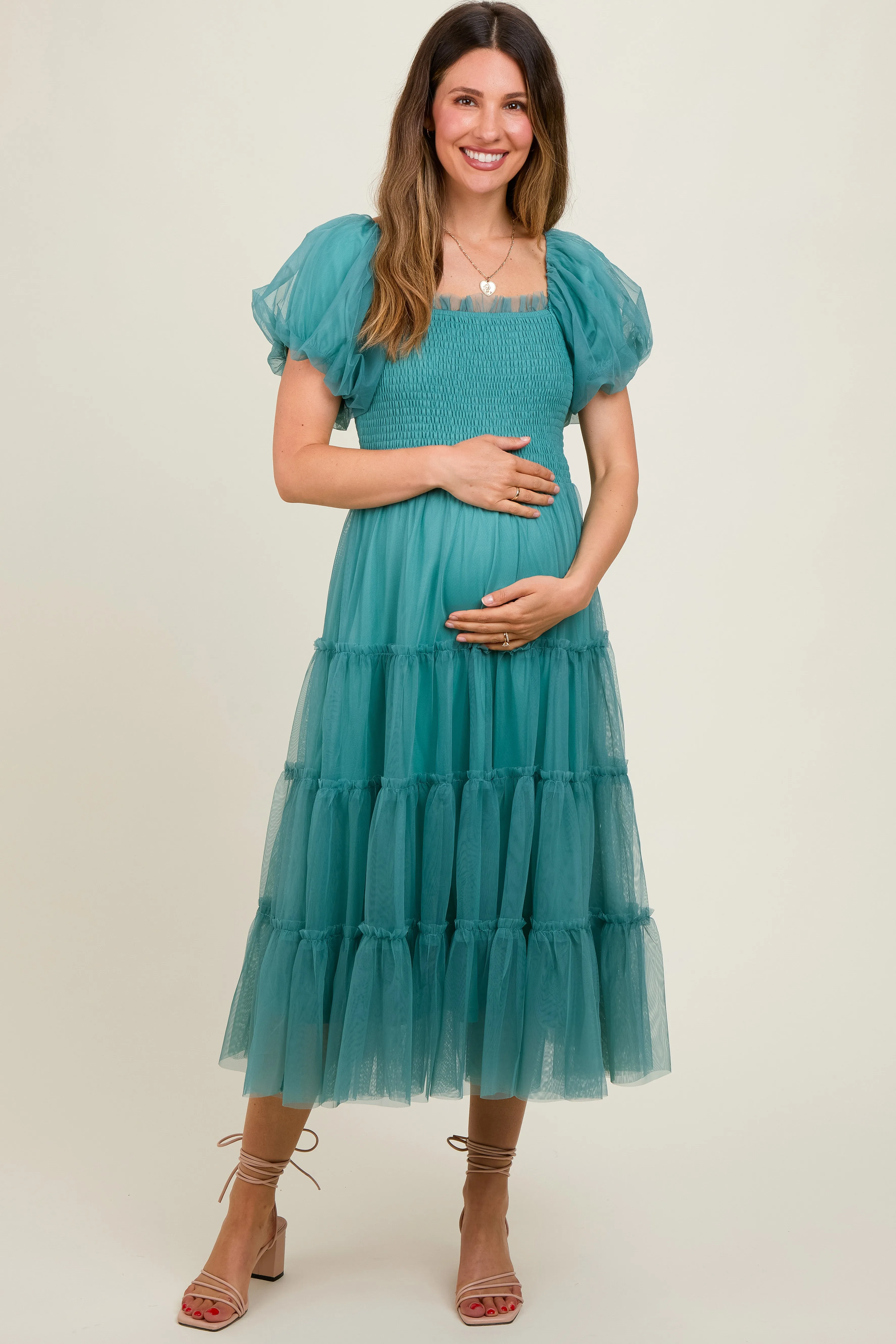 Teal Smocked Tiered Tulle Maternity Midi Dress sold by Pinkblush