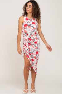 Ivory Floral Ruched Asymmetrical Midi Dress sold by Pinkblush