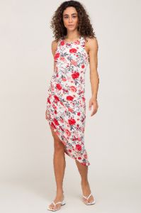 Ivory Floral Ruched Asymmetrical Midi Dress sold by Pinkblush