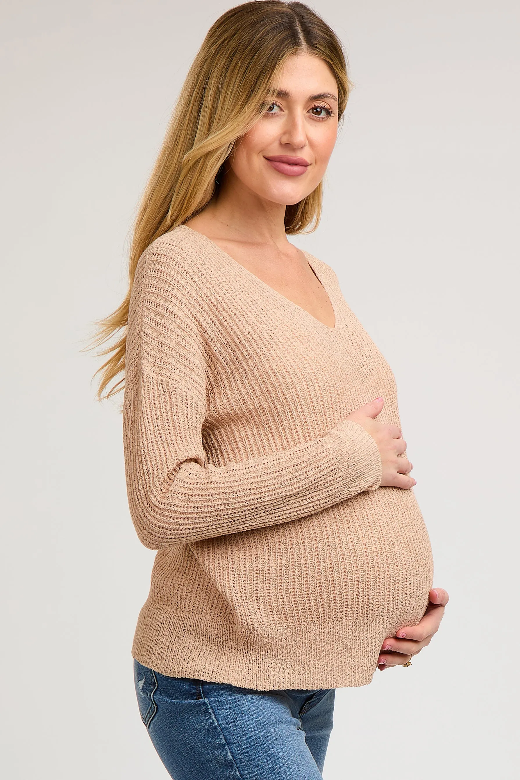 Beige Knit V-Neck Maternity Long Sleeve Top sold by Pinkblush product image thumbnail 3