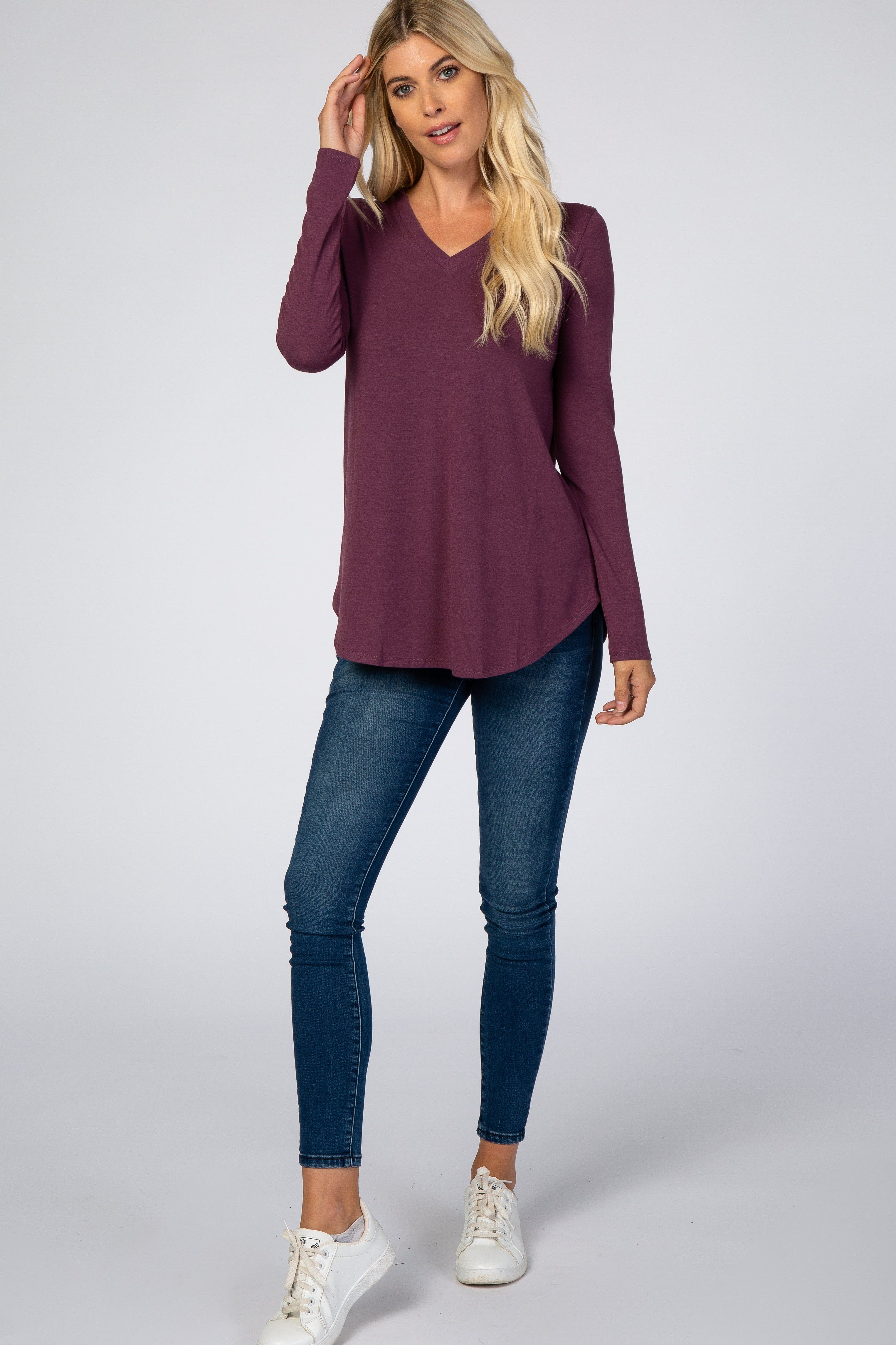 Purple Solid V-Neck Long Sleeve Top sold by Pinkblush product image thumbnail 4