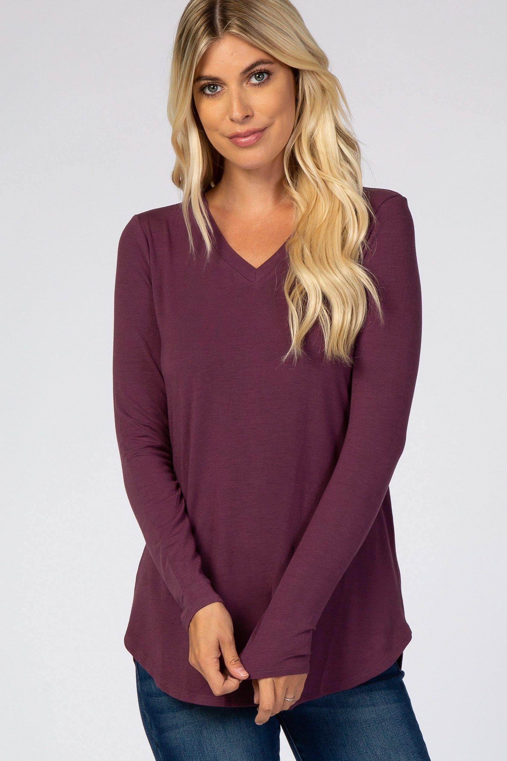 Purple Solid V-Neck Long Sleeve Top sold by Pinkblush
