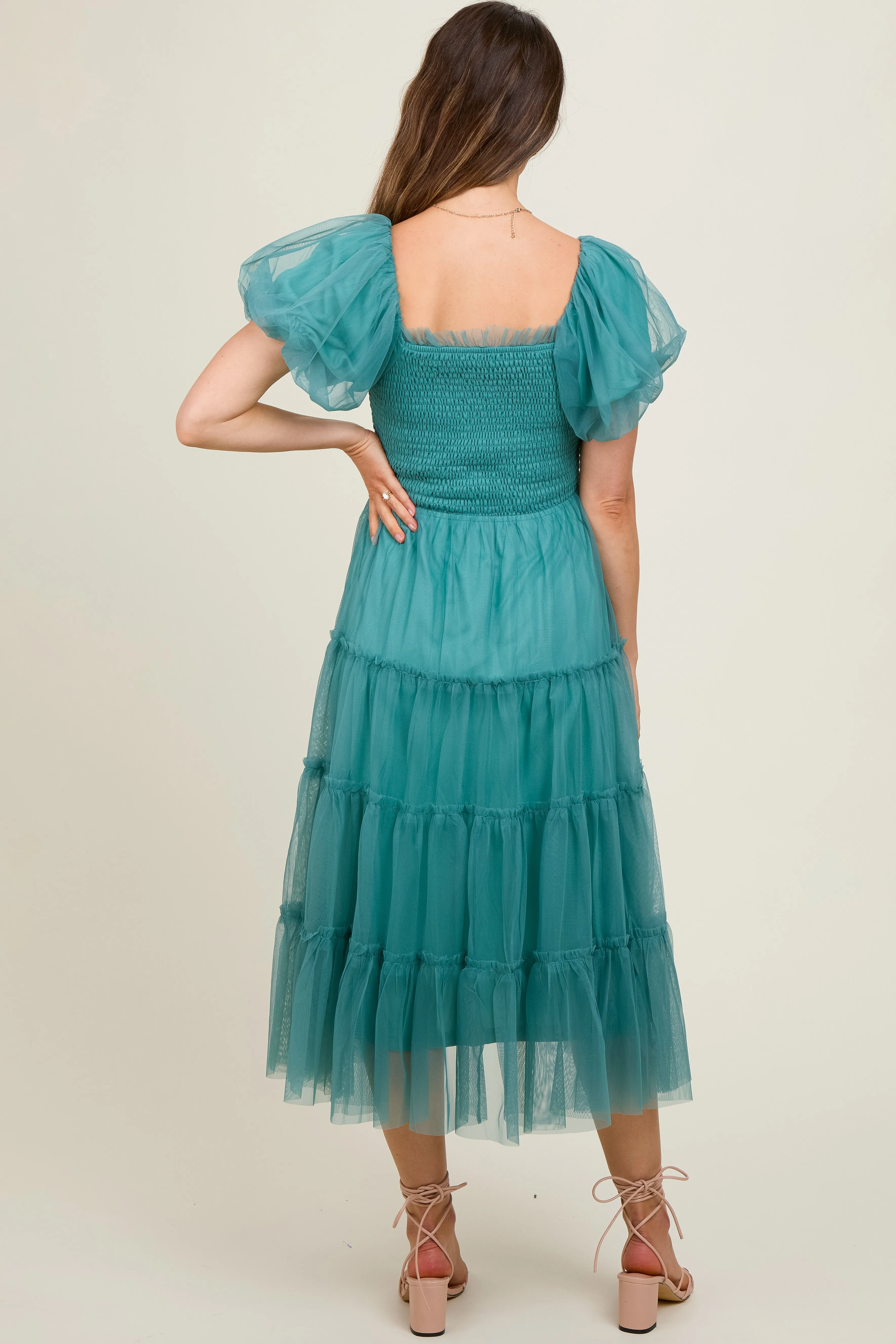 Teal Smocked Tiered Tulle Maternity Midi Dress sold by Pinkblush product image thumbnail 5