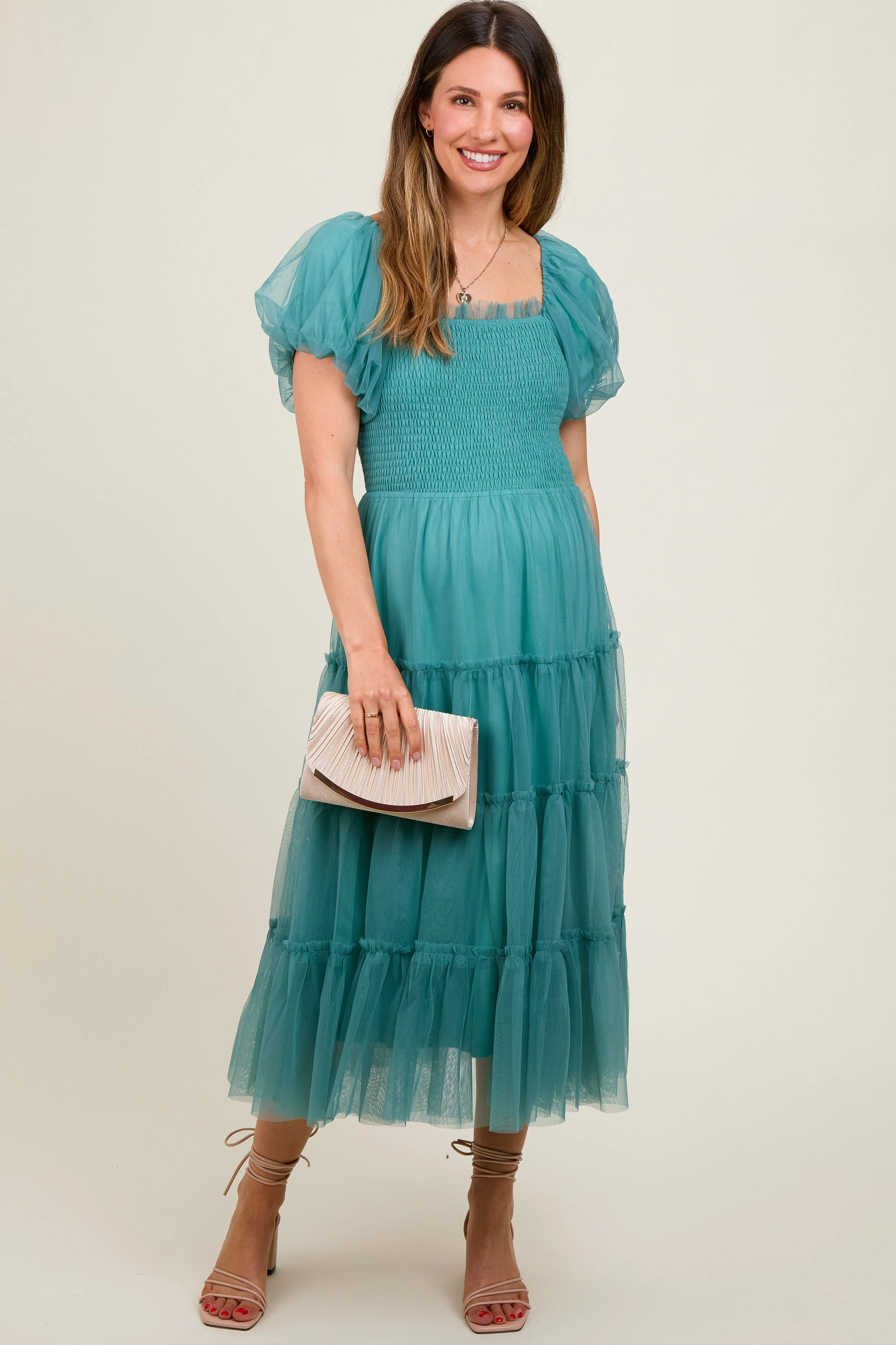 Teal Smocked Tiered Tulle Maternity Midi Dress sold by Pinkblush product image thumbnail 2