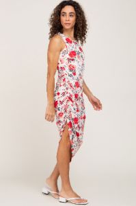 Ivory Floral Ruched Asymmetrical Midi Dress sold by Pinkblush