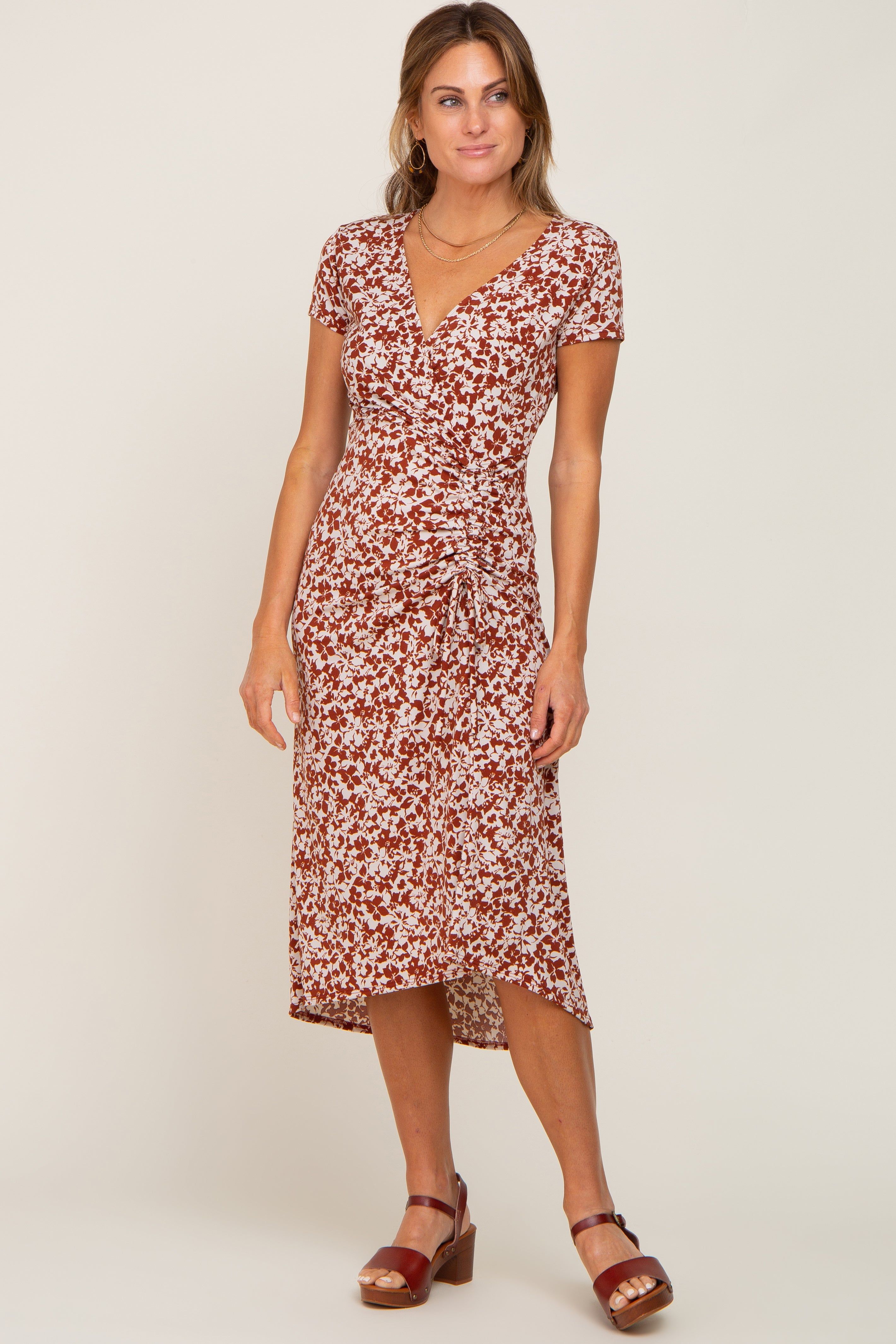 Rust Floral Wrap Front Ruched Hi-Low Midi Dress sold by Pinkblush product image thumbnail 5