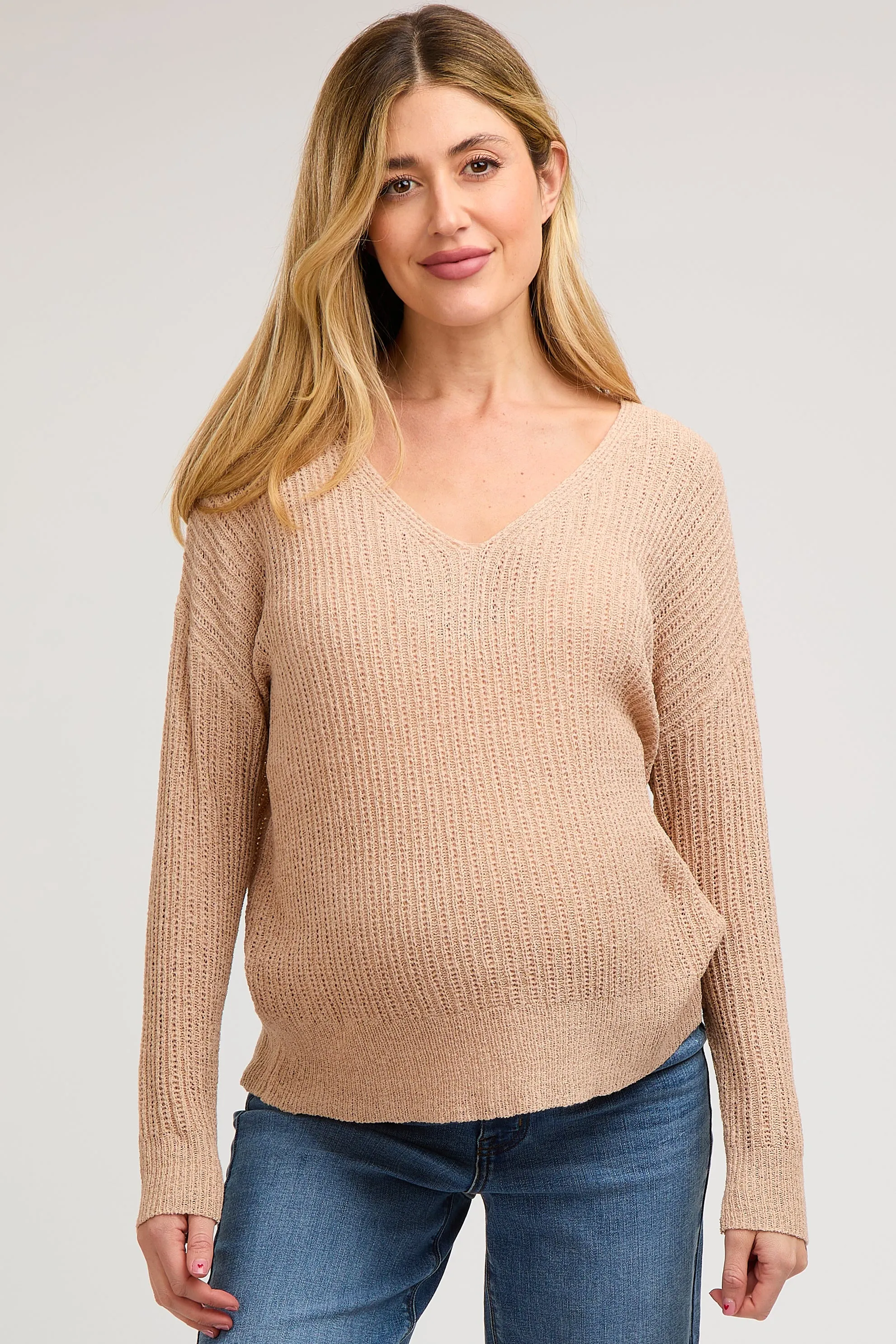 Beige Knit V-Neck Maternity Long Sleeve Top sold by Pinkblush