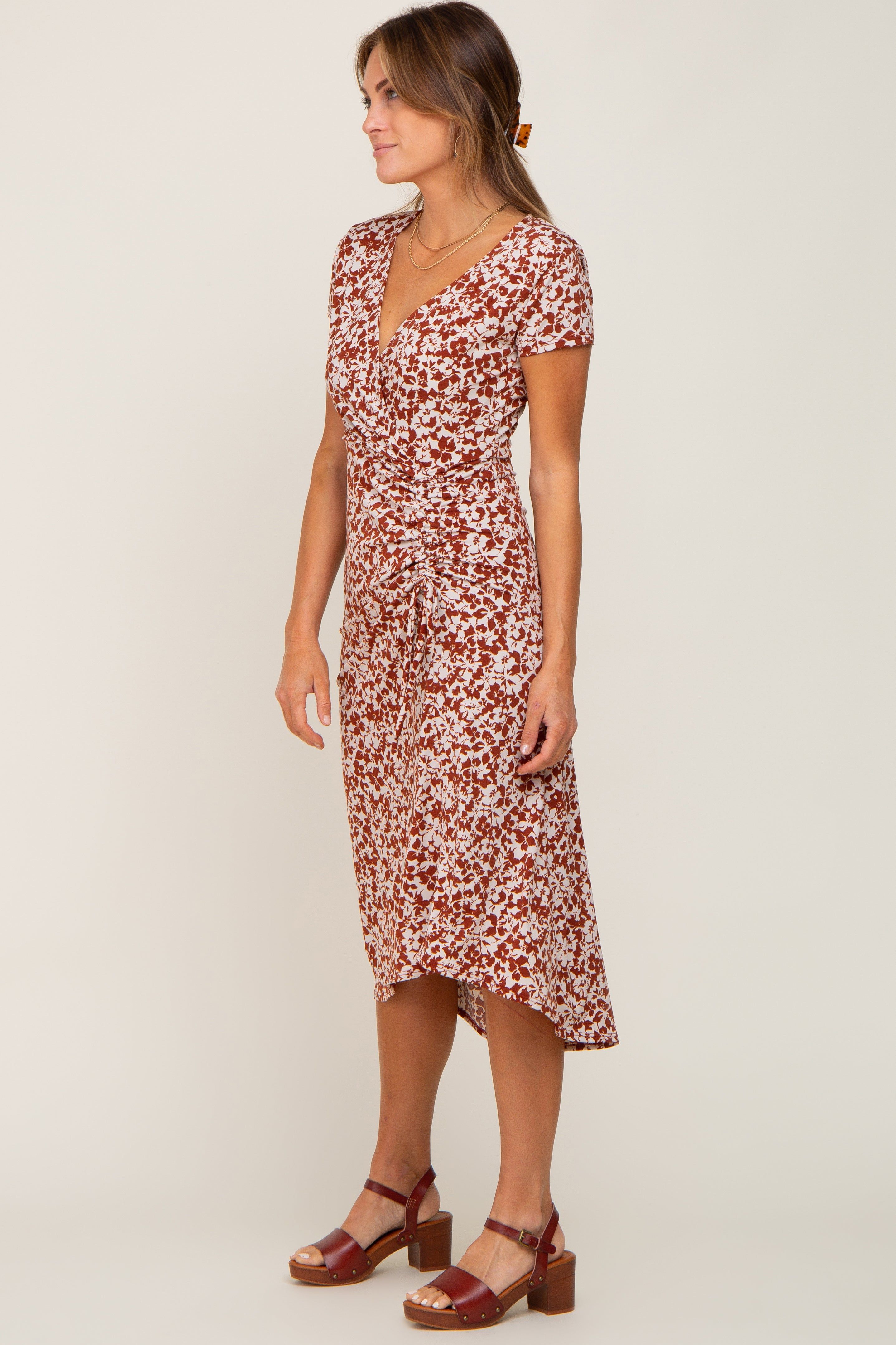 Rust Floral Wrap Front Ruched Hi-Low Midi Dress sold by Pinkblush product image thumbnail 2