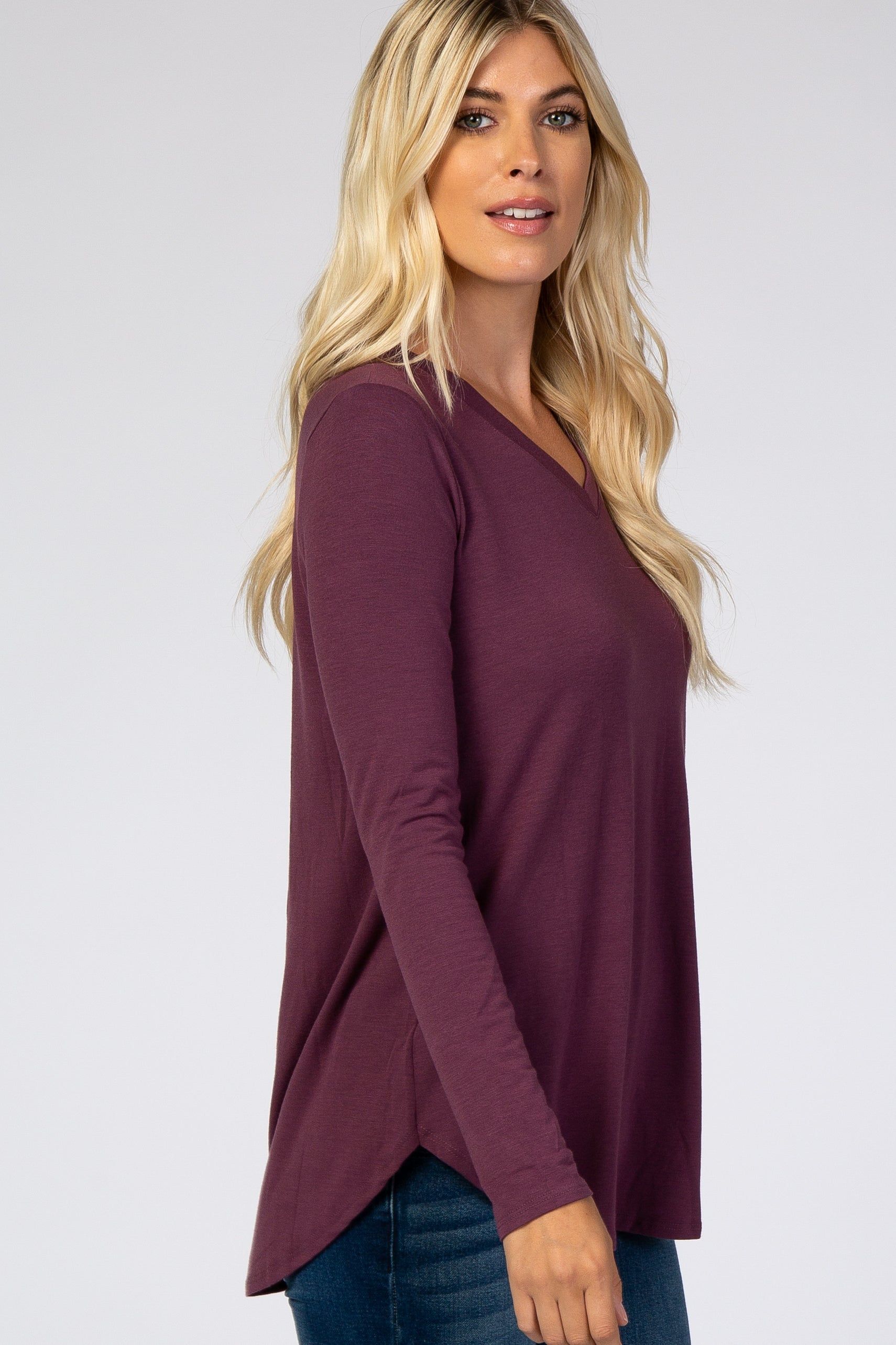 Purple Solid V-Neck Long Sleeve Top sold by Pinkblush product image thumbnail 2