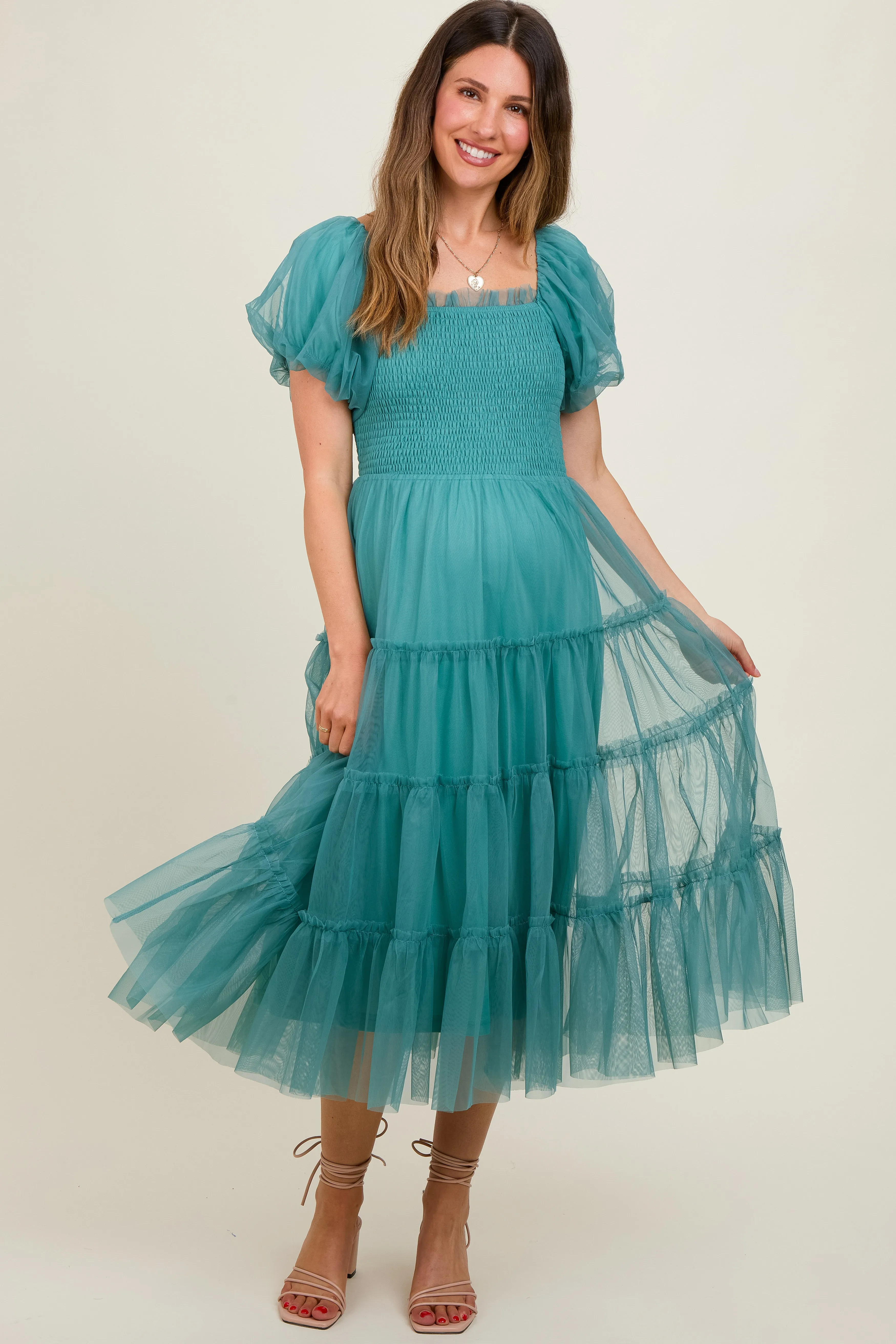 Teal Smocked Tiered Tulle Maternity Midi Dress sold by Pinkblush product image thumbnail 3