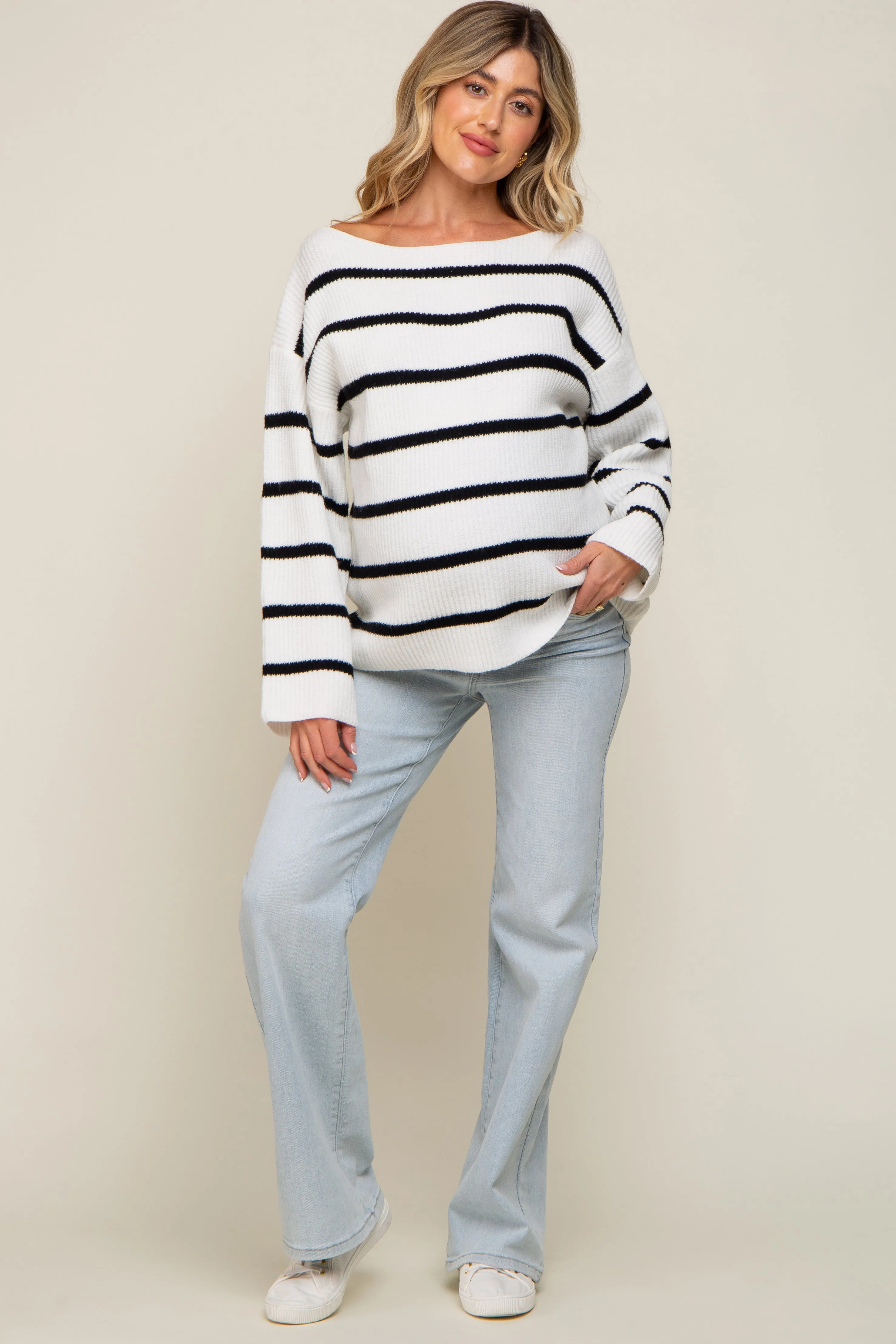 Black Striped Boat Neck Maternity Sweater sold by Pinkblush